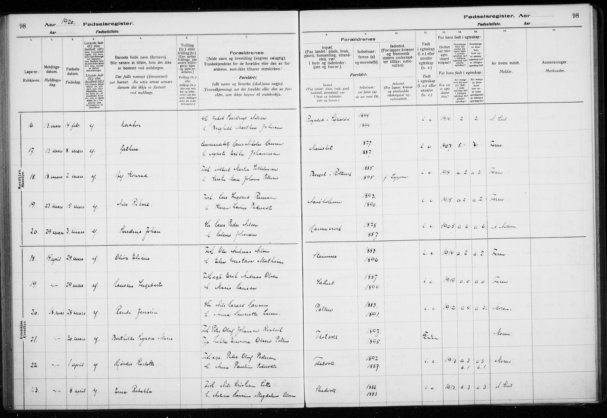 Lyngen sokneprestembete, AV/SATØ-S-1289/I/Ia/L0075: Fødselsregister nr. 75, 1916-1924, s. 98