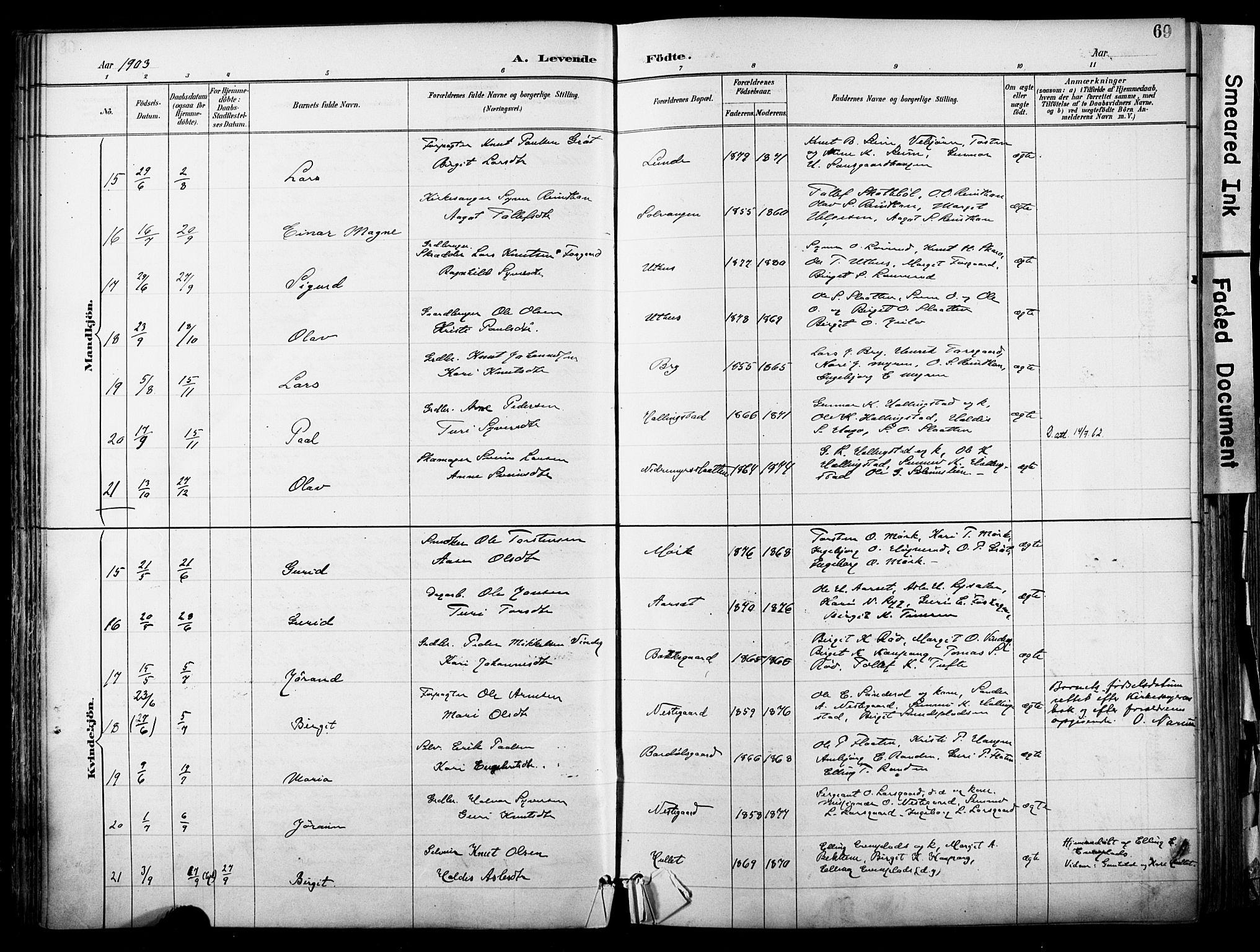 Hol kirkebøker, AV/SAKO-A-227/F/Fa/L0003: Ministerialbok nr. I 3, 1887-1918, s. 69