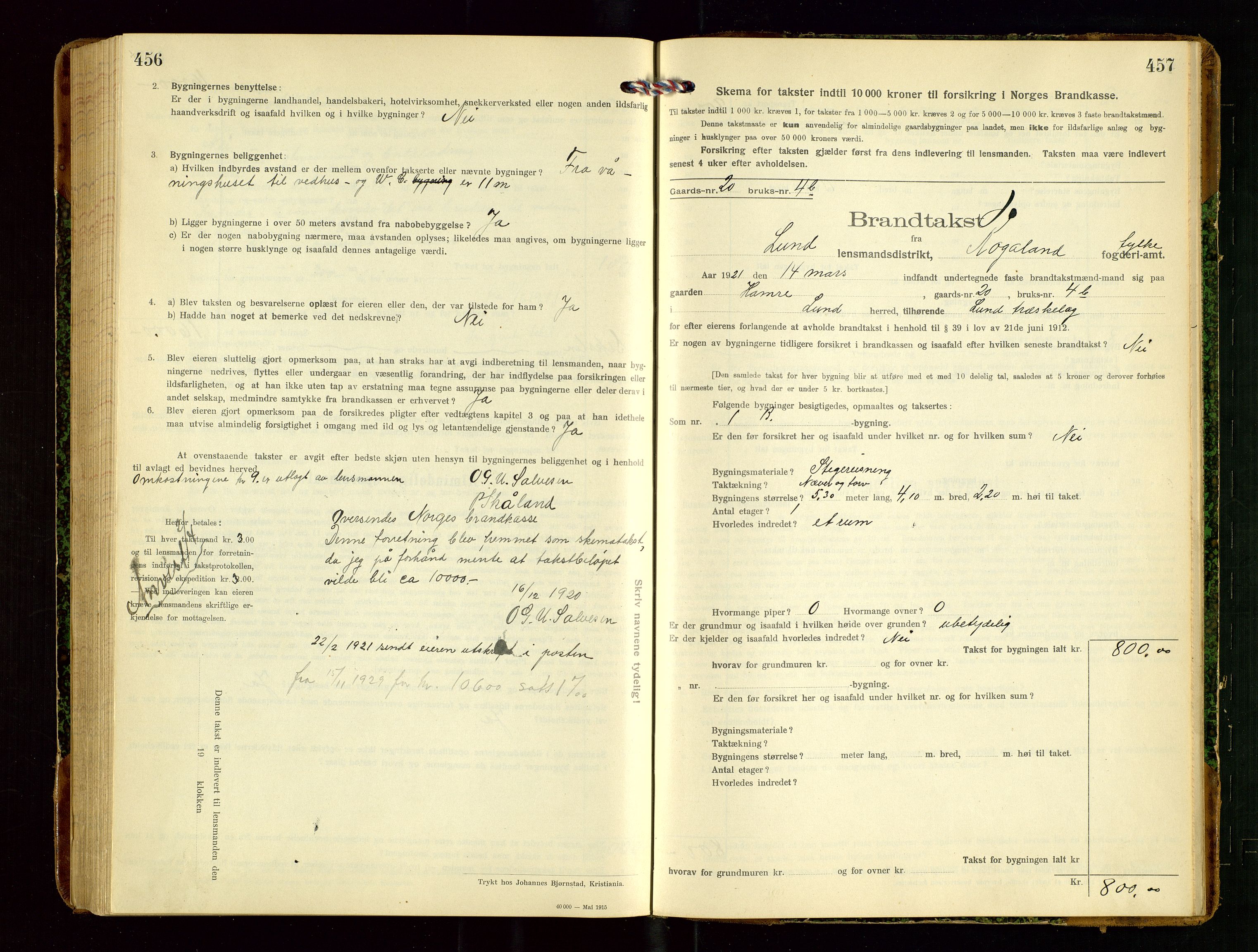 Lund lensmannskontor, AV/SAST-A-100303/Gob/L0003: "Brandtakstprotokol", 1918-1921, s. 456-457