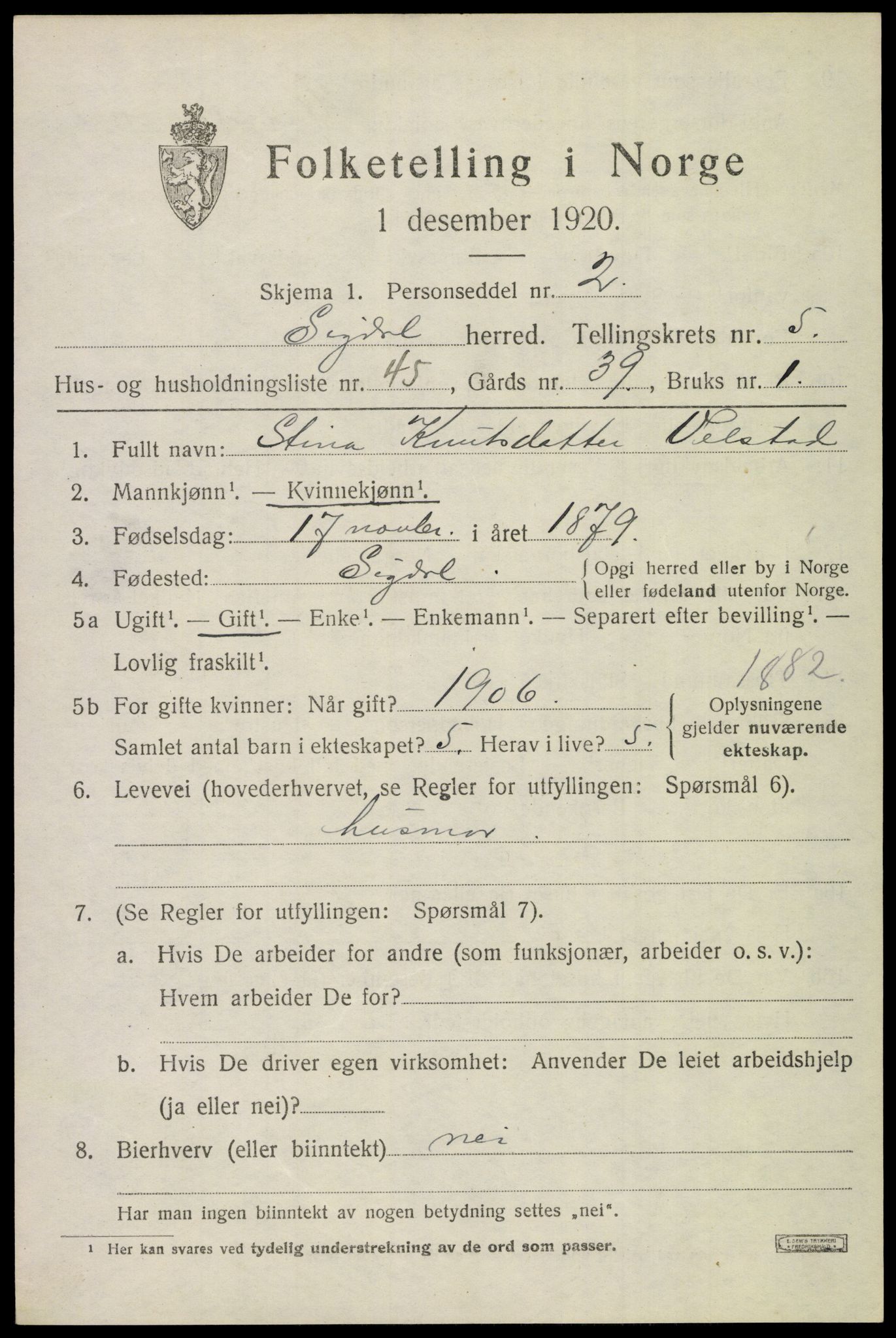 SAKO, Folketelling 1920 for 0621 Sigdal herred, 1920, s. 4290