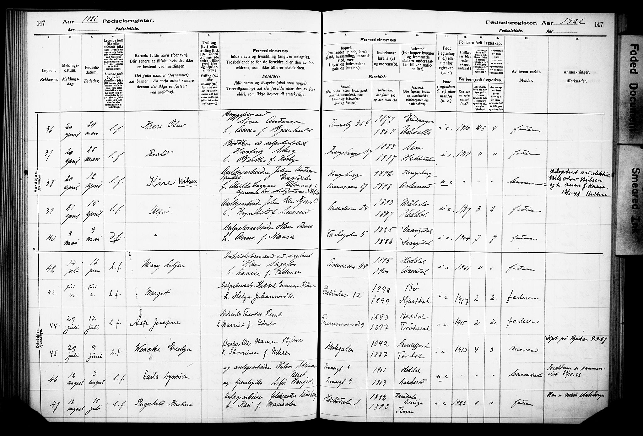 Notodden kirkebøker, AV/SAKO-A-290/J/Ja/L0001: Fødselsregister nr. 1, 1916-1924, s. 147
