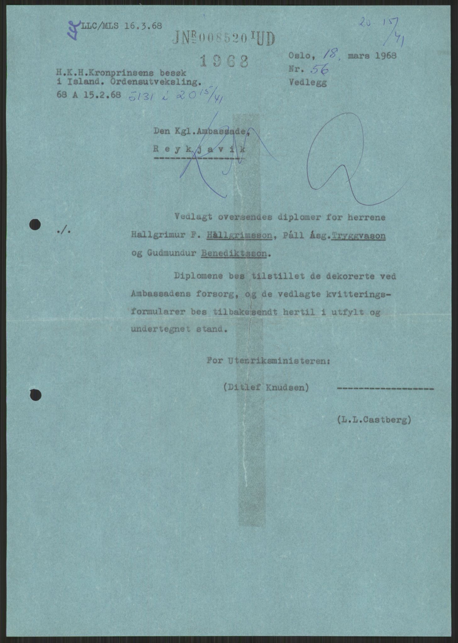 Utenriksdepartementet, hovedarkiv, RA/S-6794/D/Da/Daa/L0542: Ordensvesen. Statsoverhoders og fyrsters jubiléer og begravelser. Ordensvesen. Statsoverhoders og fyrsters jubiléer og begravelser. Statsjubiléer. Fyrstebesøk (utvekslinger). Flåtebesøk (utvekslinger), 1960-1969, s. 711