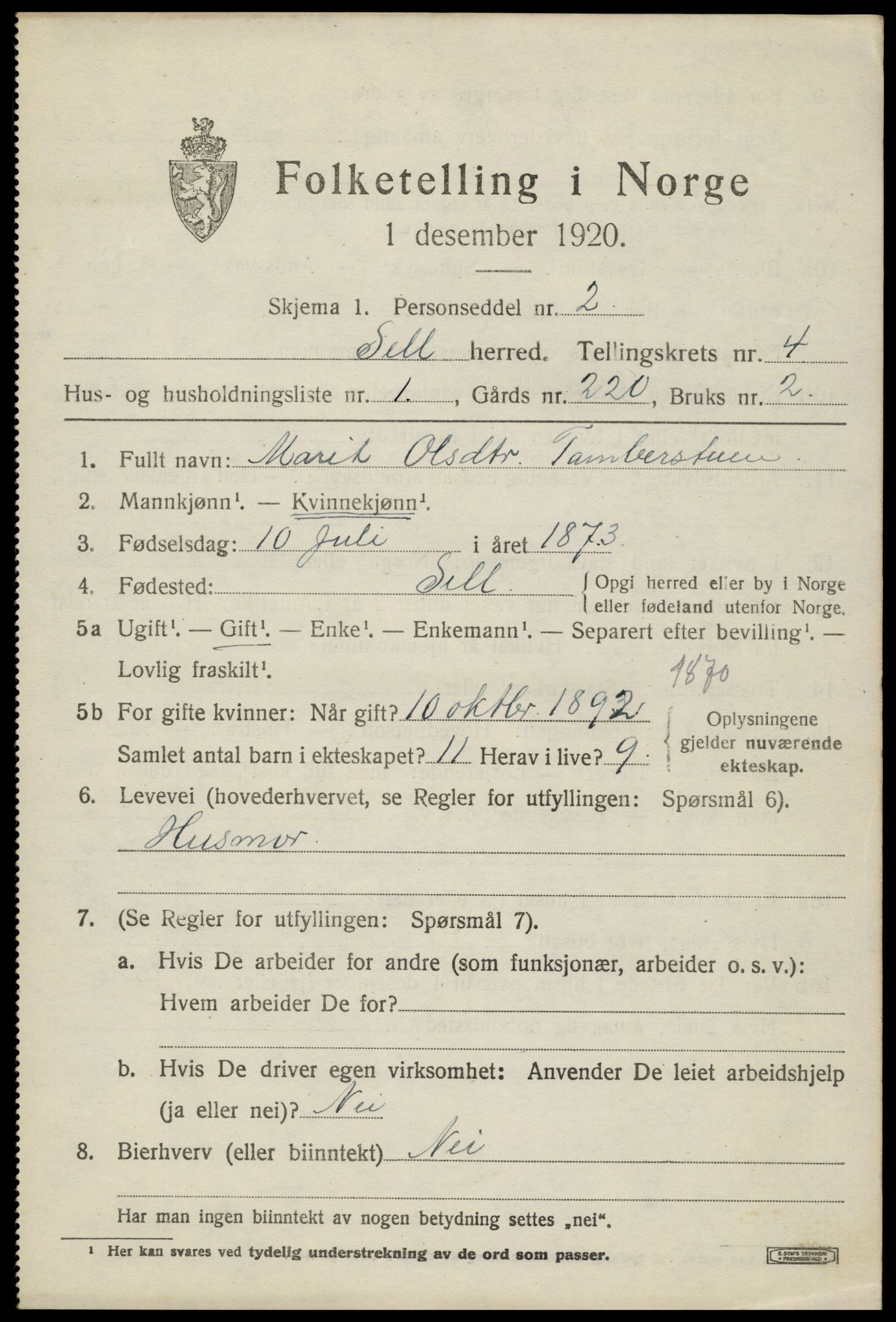 SAH, Folketelling 1920 for 0517 Sel herred, 1920, s. 3124