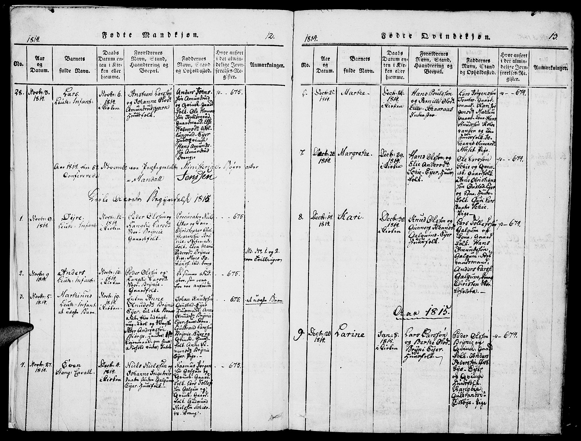 Romedal prestekontor, AV/SAH-PREST-004/K/L0002: Ministerialbok nr. 2, 1814-1828, s. 12-13