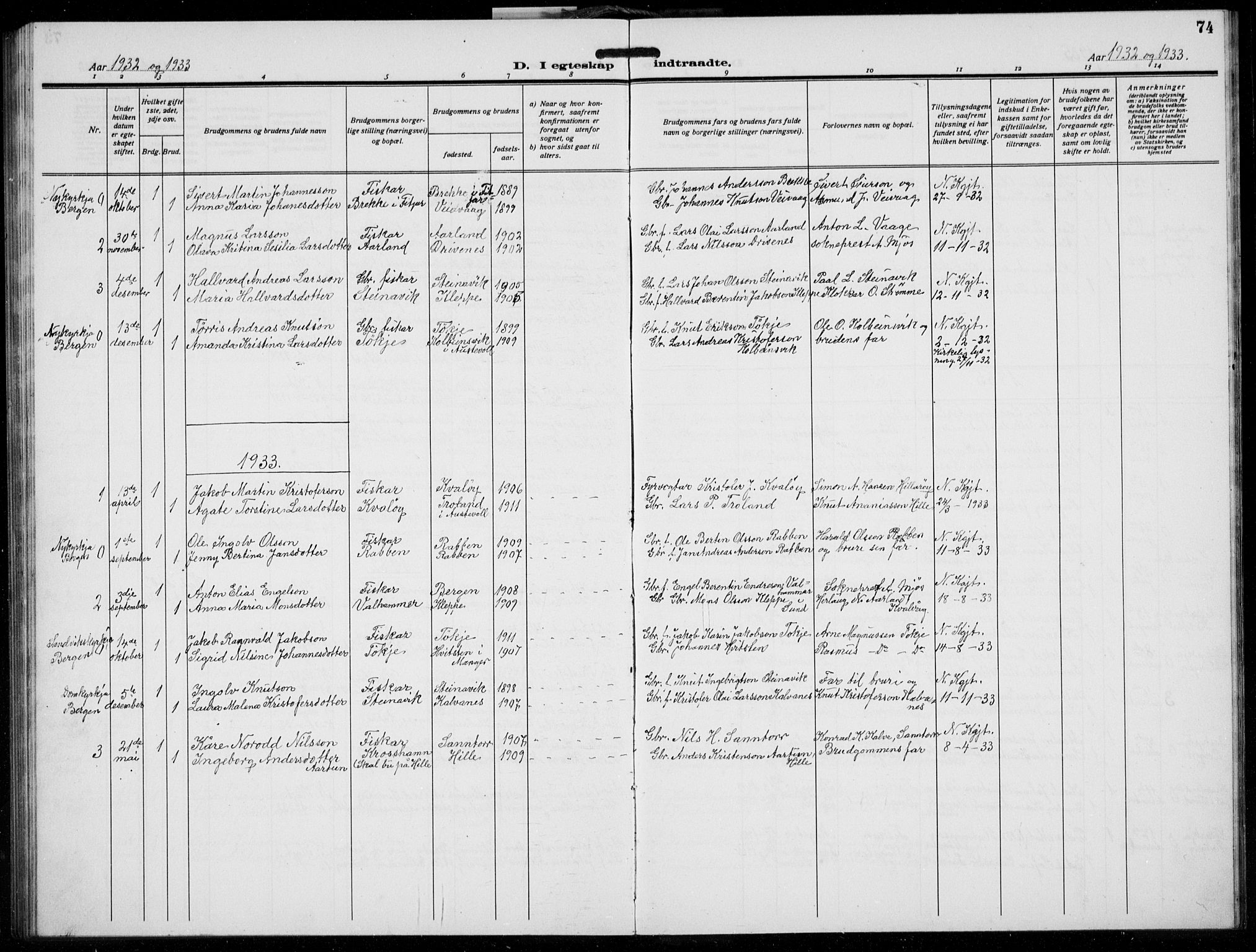 Austevoll sokneprestembete, AV/SAB-A-74201/H/Ha/Hab/Habb/L0007: Klokkerbok nr. B 7, 1926-1939, s. 74