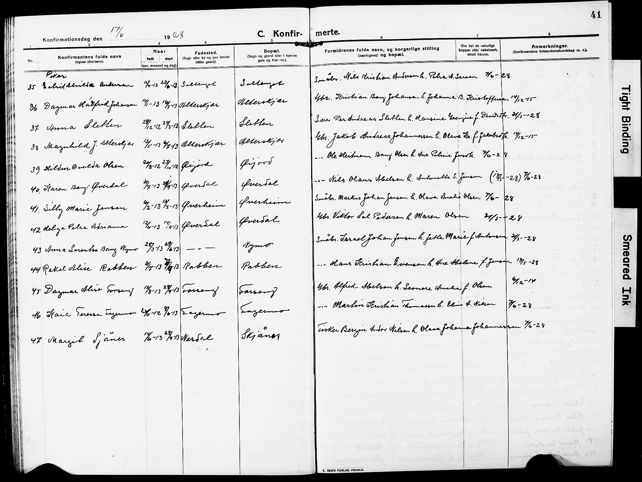 Ministerialprotokoller, klokkerbøker og fødselsregistre - Nordland, AV/SAT-A-1459/827/L0424: Klokkerbok nr. 827C13, 1921-1930, s. 41