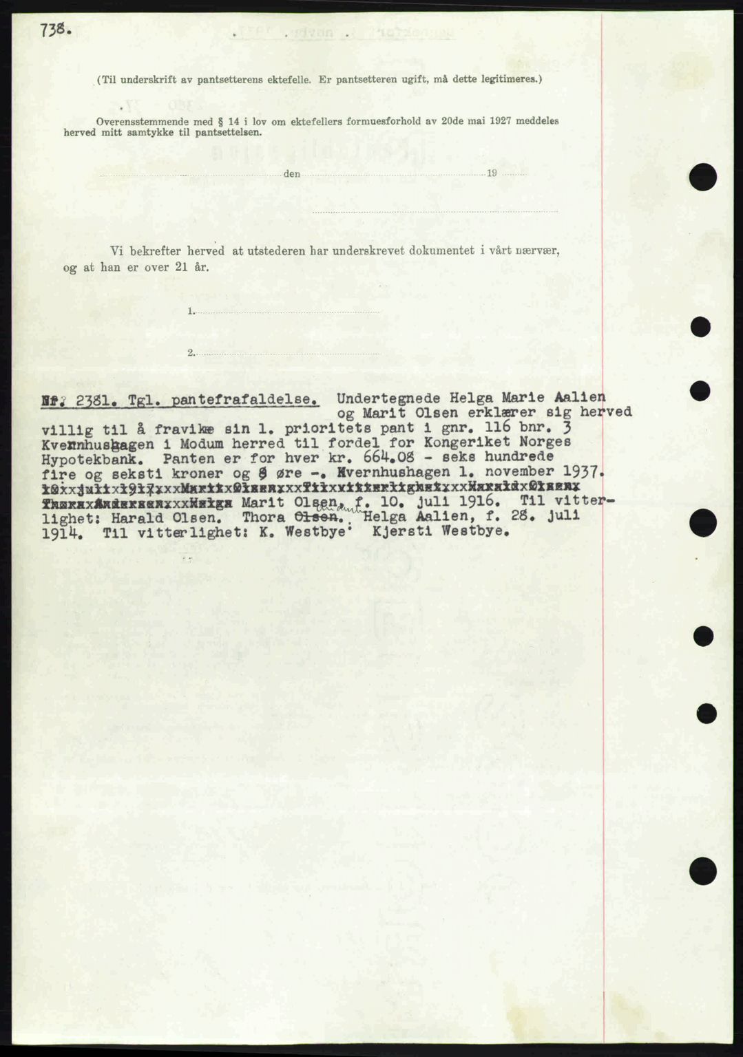Eiker, Modum og Sigdal sorenskriveri, SAKO/A-123/G/Ga/Gab/L0036: Pantebok nr. A6, 1937-1937, Dagboknr: 2381/1937