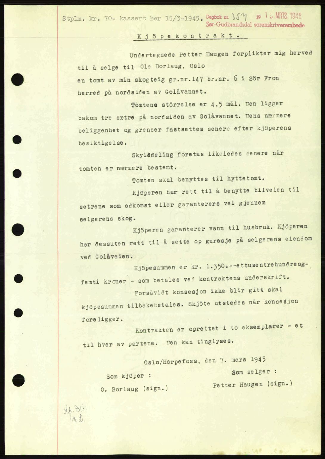 Sør-Gudbrandsdal tingrett, SAH/TING-004/H/Hb/Hbd/L0014: Pantebok nr. A14, 1944-1945, Dagboknr: 357/1945