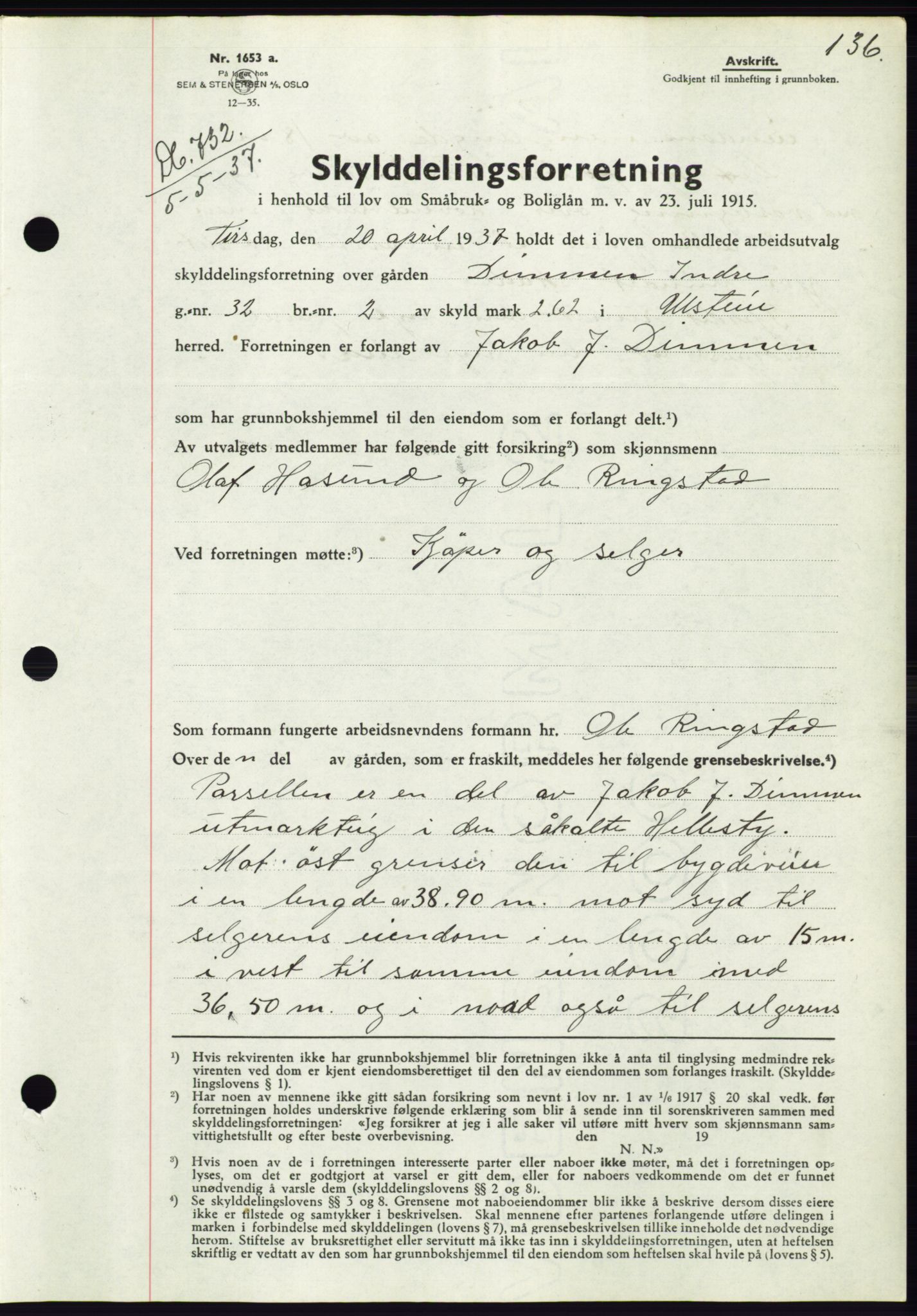 Søre Sunnmøre sorenskriveri, AV/SAT-A-4122/1/2/2C/L0063: Pantebok nr. 57, 1937-1937, Dagboknr: 732/1937