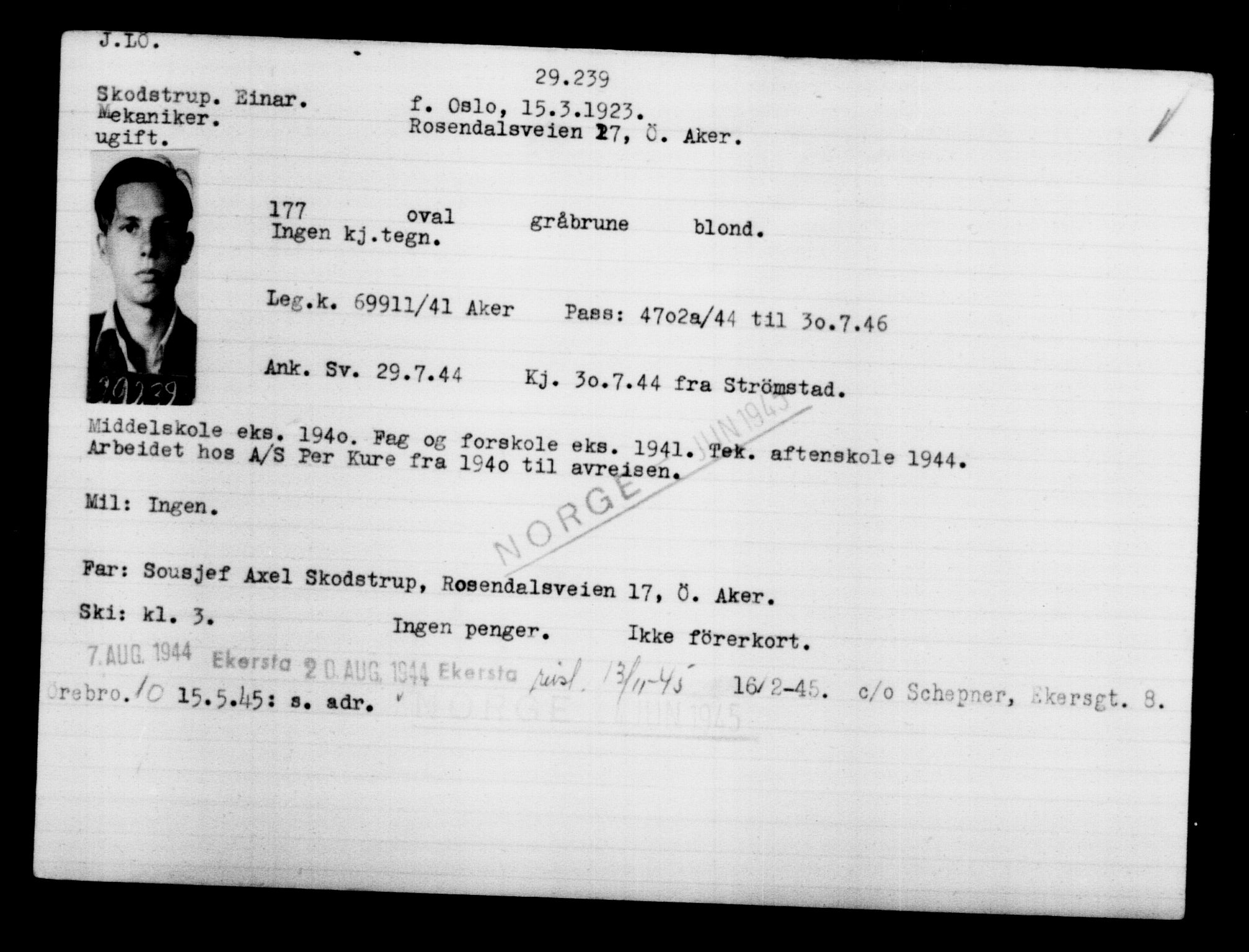 Utenriksstasjonene, Legasjonen i Stockholm, Flyktningkontoret, AV/RA-S-6753/V/Va/L0012: Kjesäterkartoteket, flyktninger med registreringsnr. 28300-31566, 1940-1945, s. 1027
