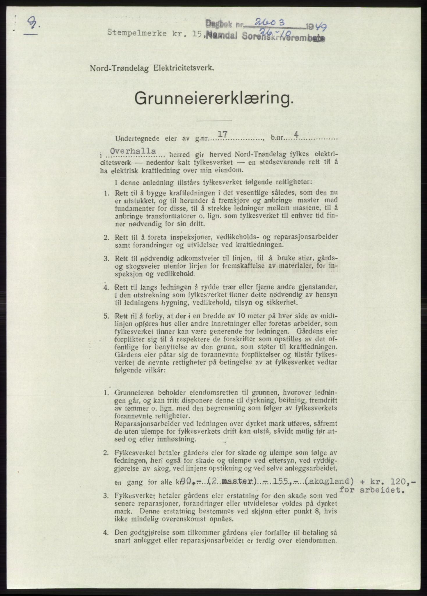 Namdal sorenskriveri, SAT/A-4133/1/2/2C: Pantebok nr. -, 1949-1949, Dagboknr: 2603/1949
