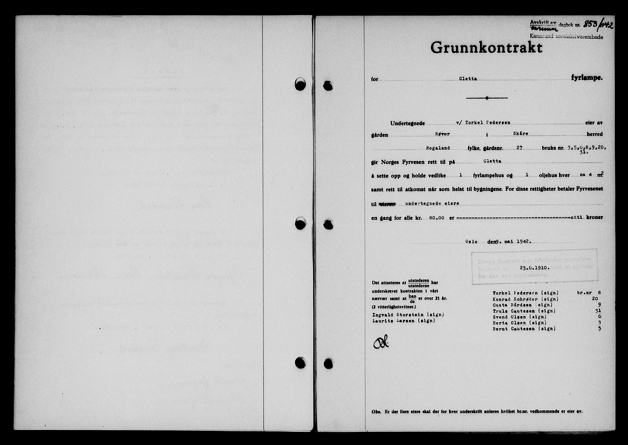 Karmsund sorenskriveri, SAST/A-100311/01/II/IIB/L0077: Pantebok nr. 58A, 1942-1942, Dagboknr: 853/1942