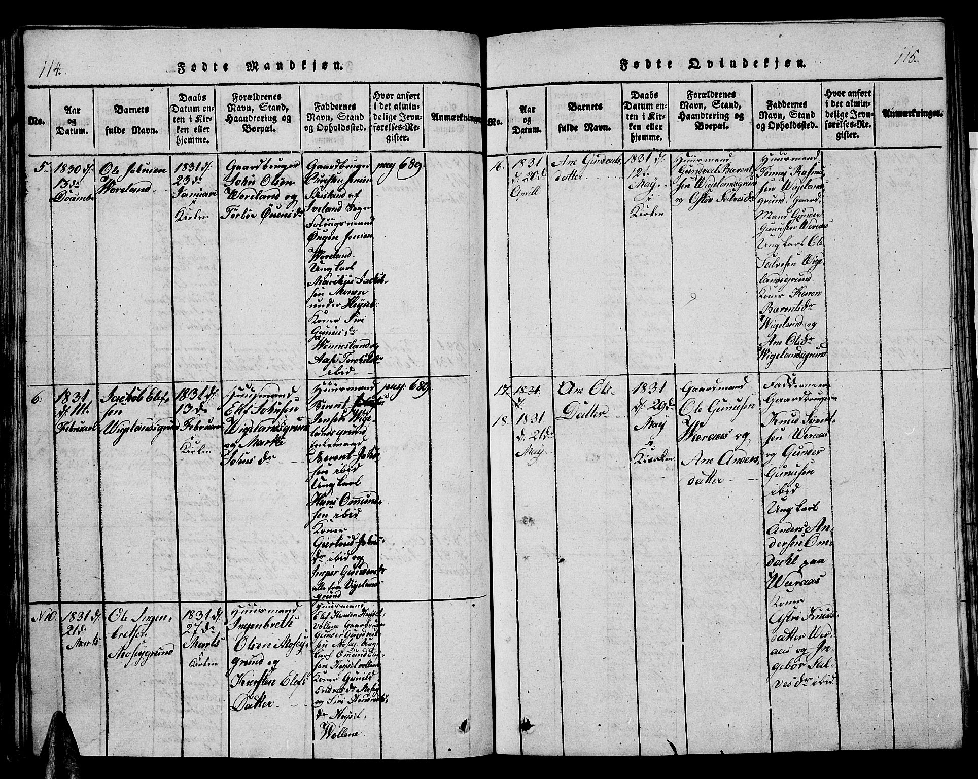 Vennesla sokneprestkontor, AV/SAK-1111-0045/Fb/Fbb/L0001: Klokkerbok nr. B 1, 1820-1834, s. 114-115