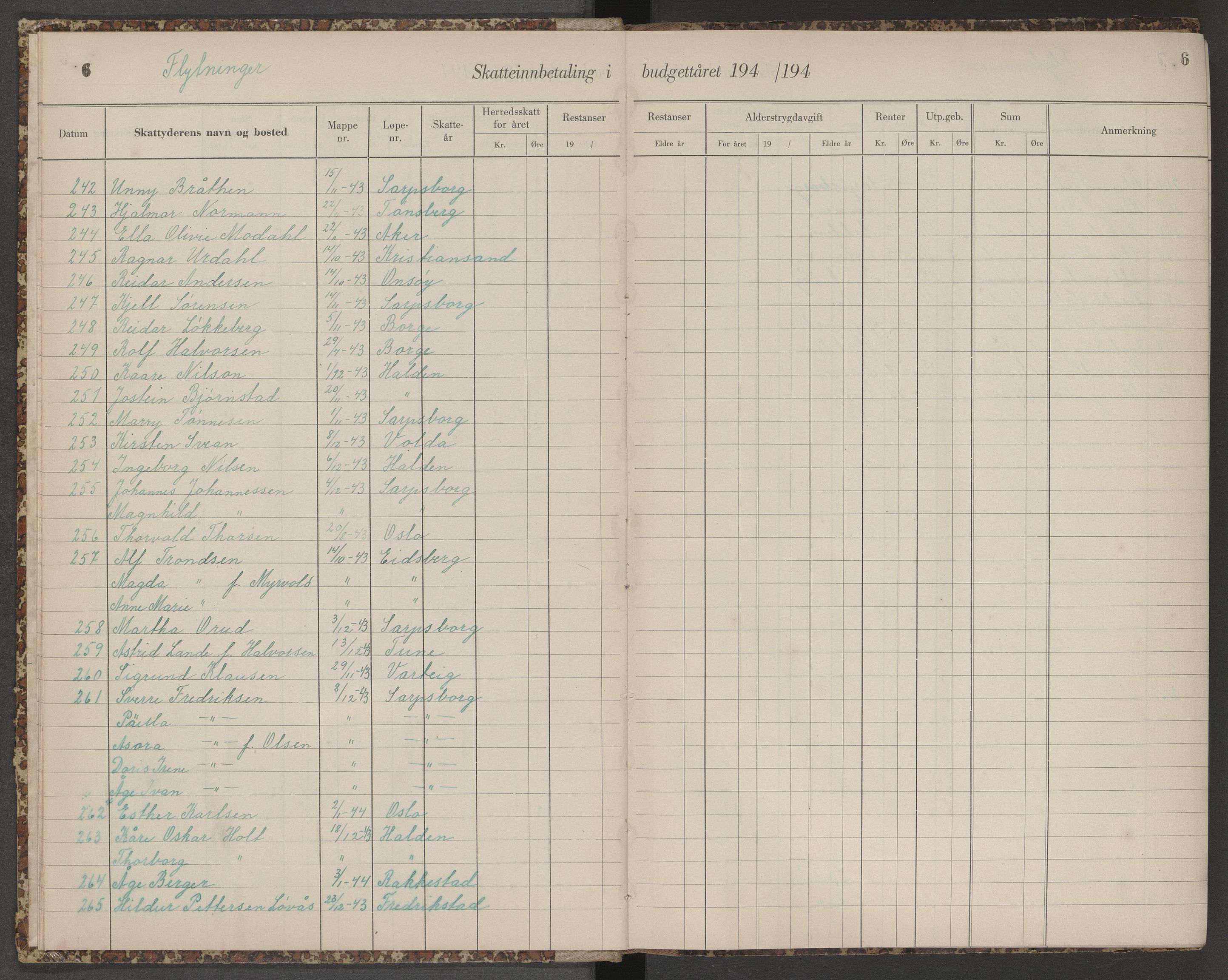 Skjeberg folkeregister, SAO/A-10495/K/Ka/L0003: Fortegnelse over inn- og utflyttede, 1943-1947, s. 6