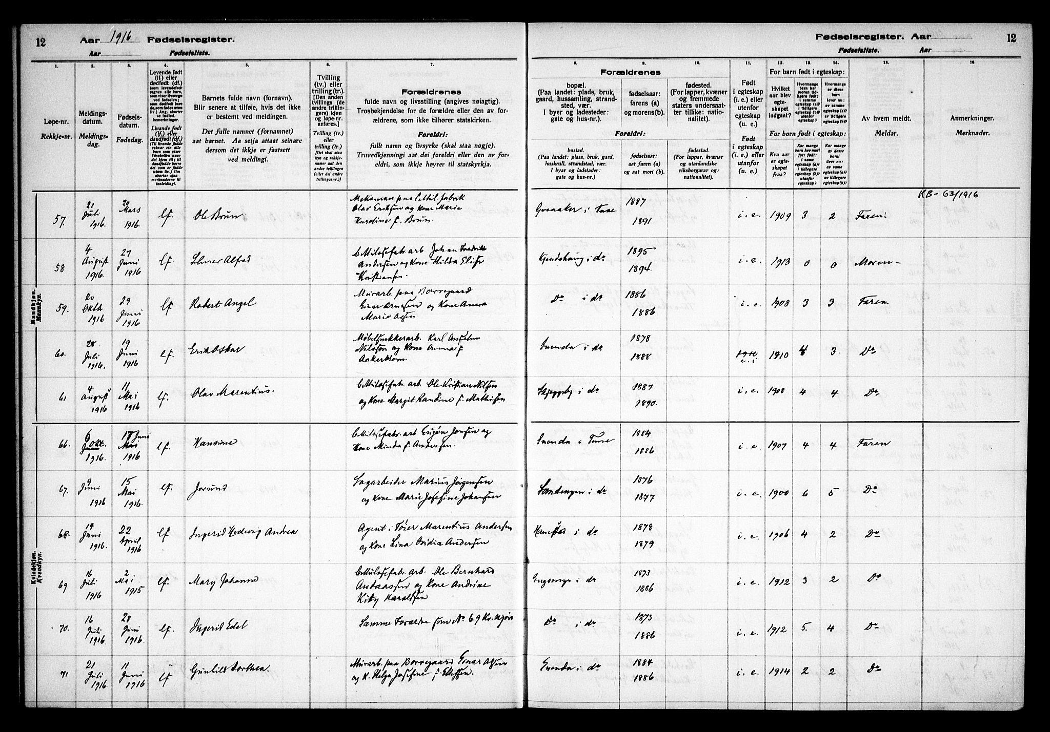 Tune prestekontor Kirkebøker, AV/SAO-A-2007/J/Ja/L0001: Fødselsregister nr. I 1, 1916-1928, s. 12