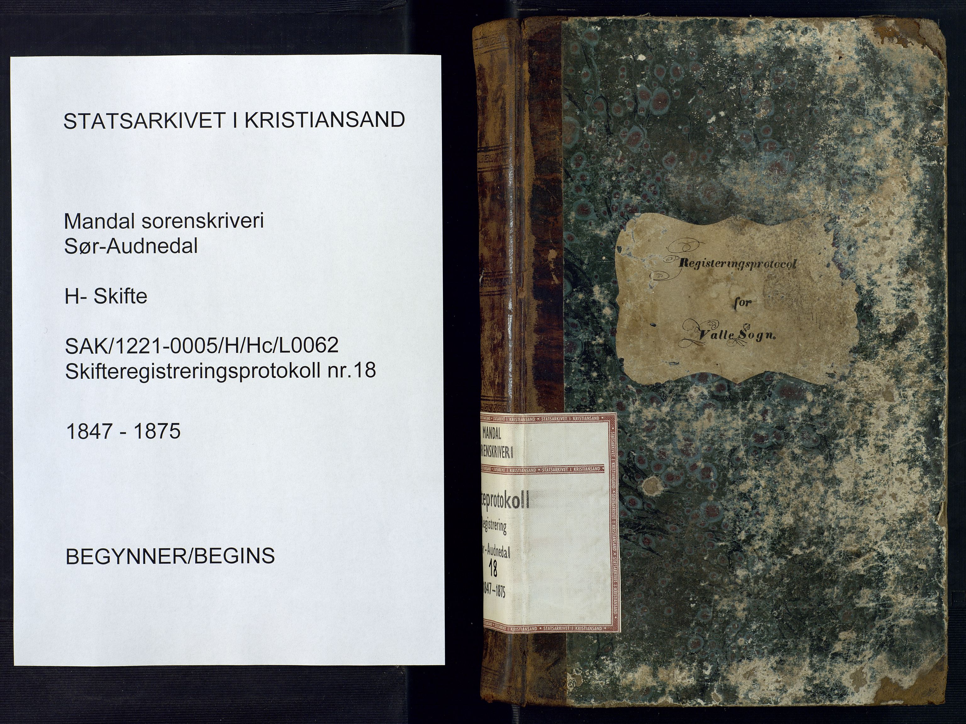 Mandal sorenskriveri, SAK/1221-0005/001/H/Hc/L0062: Skifteregistreringsprotokoll nr 18 Sør-Audnedal, 1847-1875