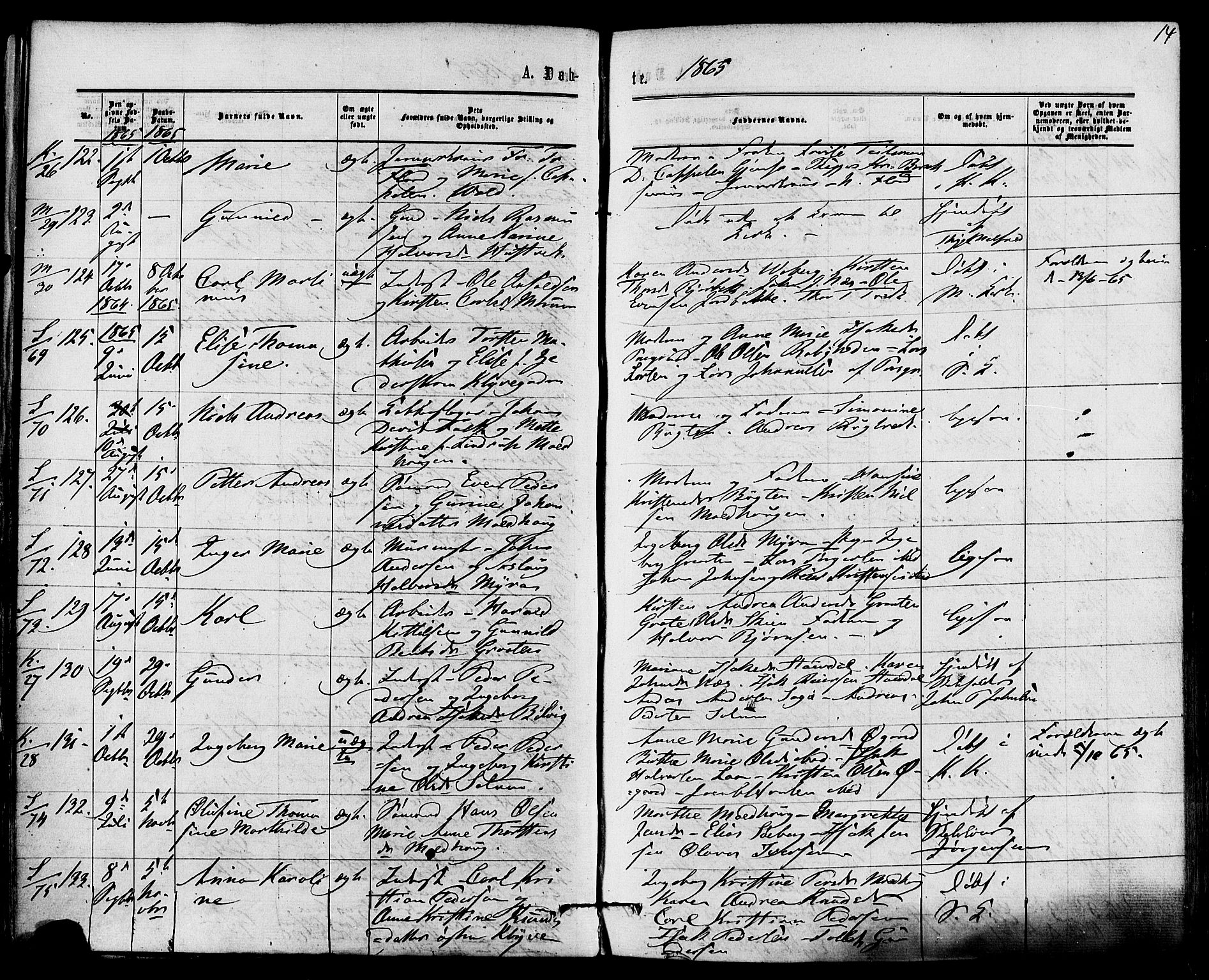 Solum kirkebøker, AV/SAKO-A-306/F/Fa/L0008: Ministerialbok nr. I 8, 1865-1876, s. 14