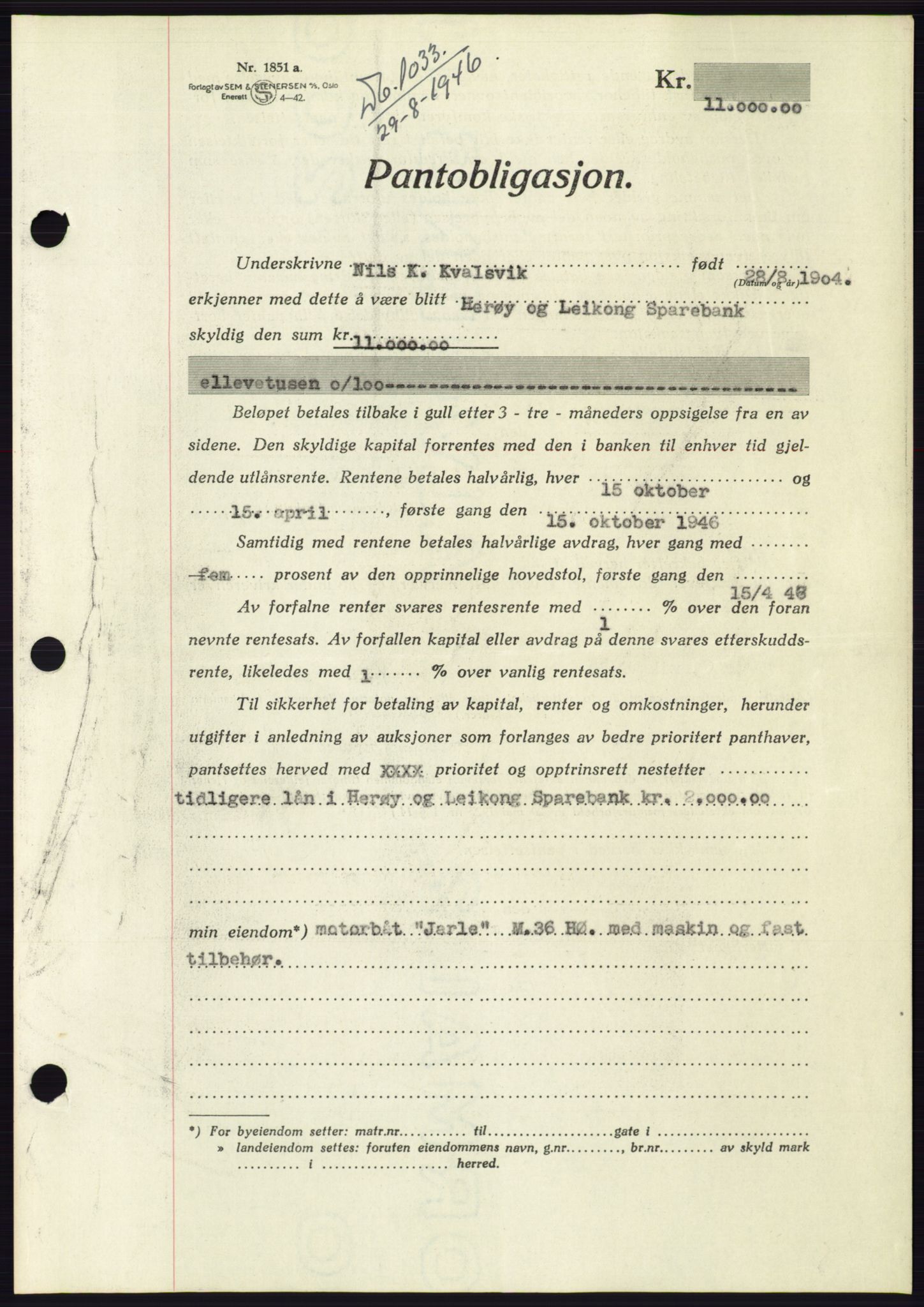 Søre Sunnmøre sorenskriveri, AV/SAT-A-4122/1/2/2C/L0114: Pantebok nr. 1-2B, 1943-1947, Dagboknr: 1033/1946