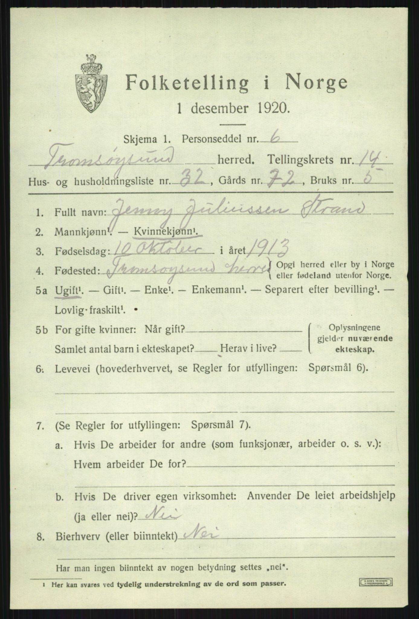 SATØ, Folketelling 1920 for 1934 Tromsøysund herred, 1920, s. 8892