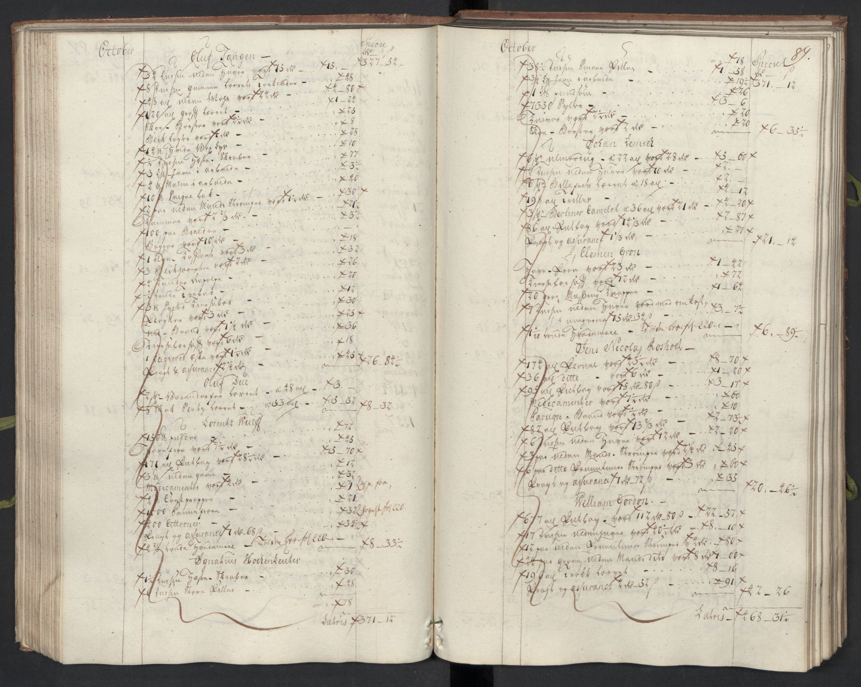 Generaltollkammeret, tollregnskaper, AV/RA-EA-5490/R33/L0074/0001: Tollregnskaper Trondheim A / Inngående hovedtollbok, 1762, s. 88b-89a
