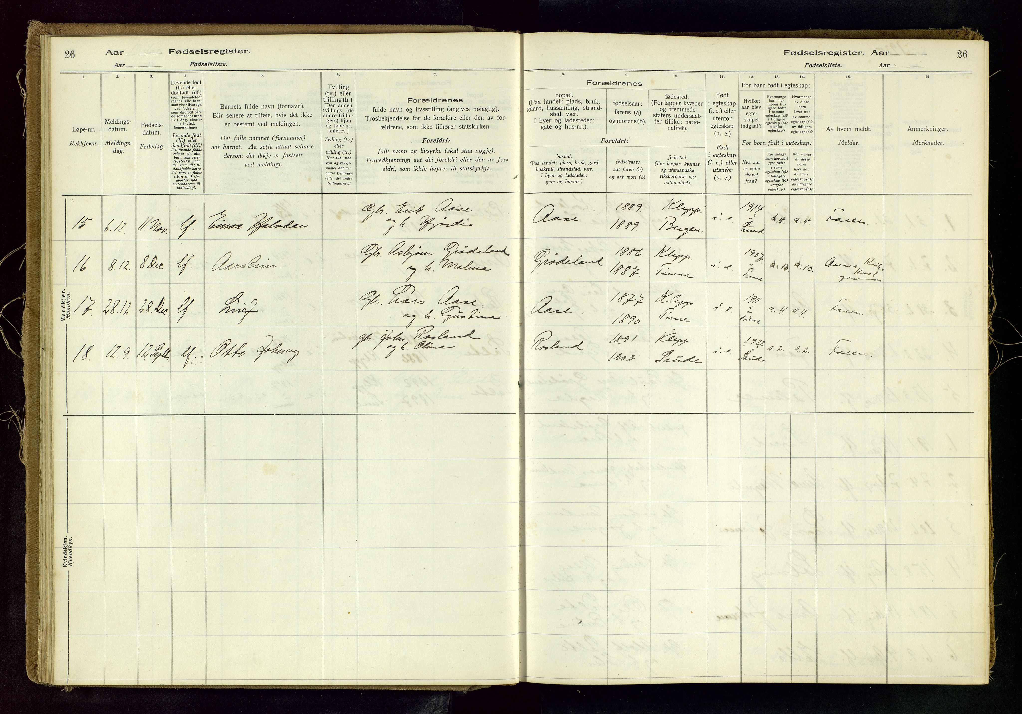 Klepp sokneprestkontor, AV/SAST-A-101803/001/704BAC/L0001: Fødselsregister nr. 1, 1916-1982, s. 26