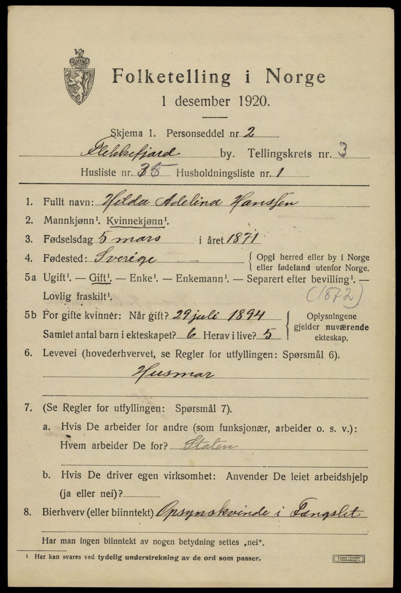 SAK, Folketelling 1920 for 1004 Flekkefjord kjøpstad, 1920, s. 3814
