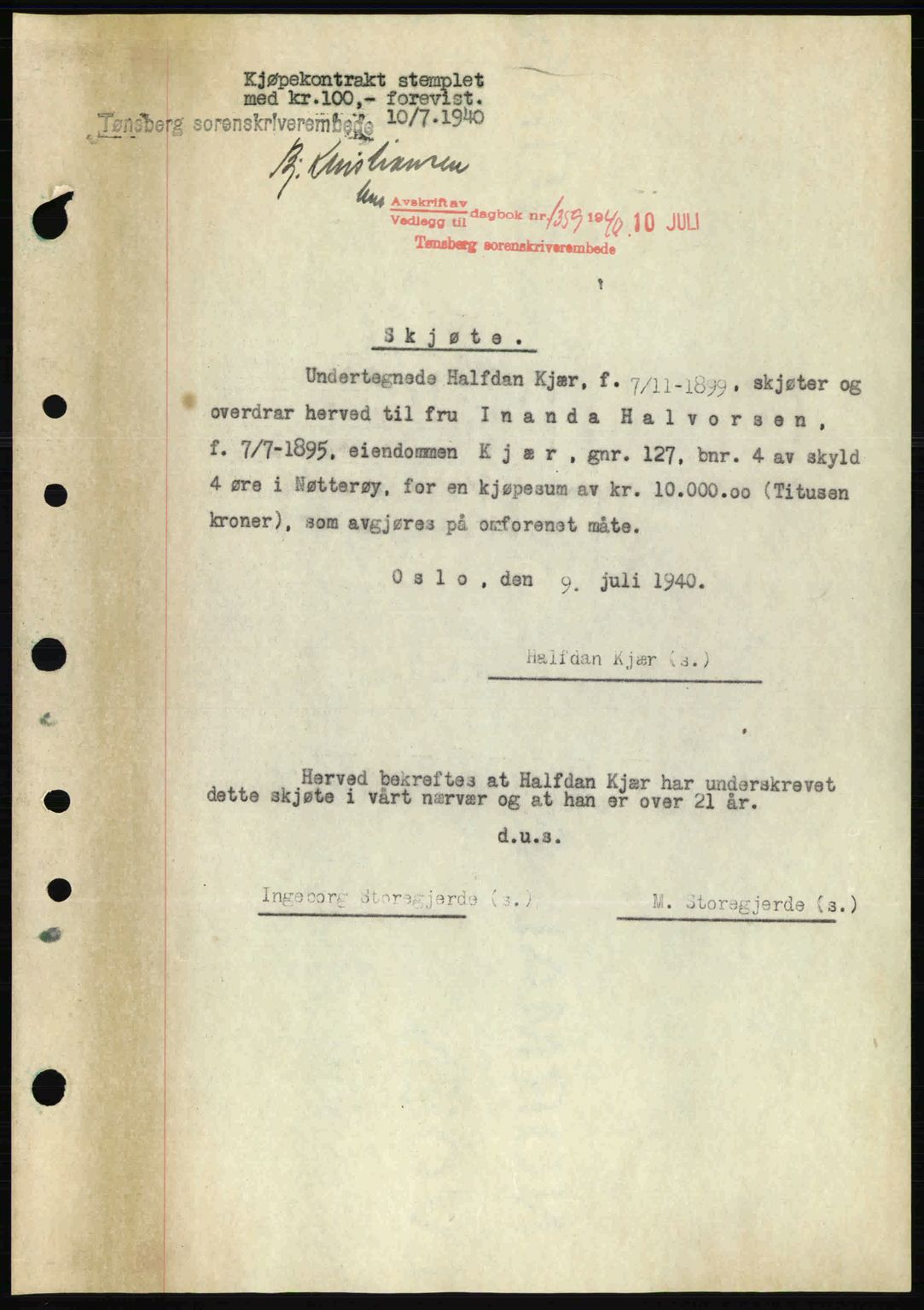 Tønsberg sorenskriveri, AV/SAKO-A-130/G/Ga/Gaa/L0009: Pantebok nr. A9, 1940-1941, Dagboknr: 1359/1940