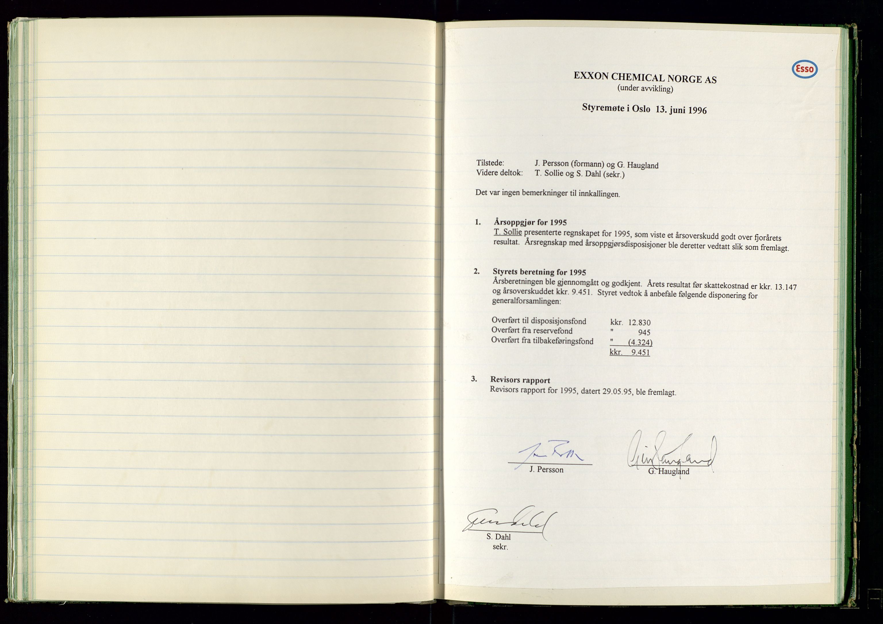 PA 1538 - Exxon Chemical Norge A/S, AV/SAST-A-101958/A/Aa/L0001/0001: Generalforsamlinger og styreprotokoller / Styreprotokoll, 1966-1996