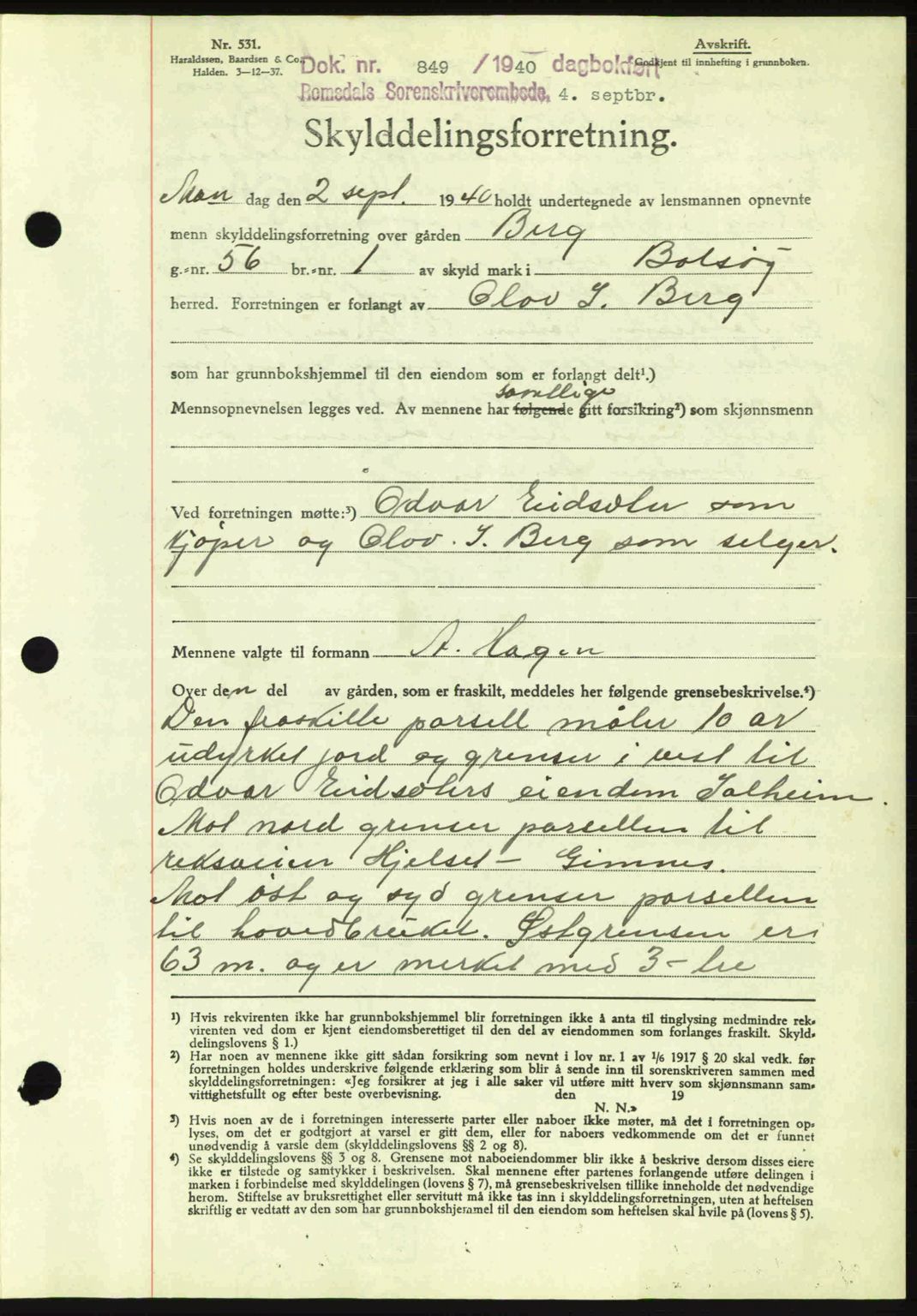 Romsdal sorenskriveri, AV/SAT-A-4149/1/2/2C: Pantebok nr. A8, 1939-1940, Dagboknr: 849/1940