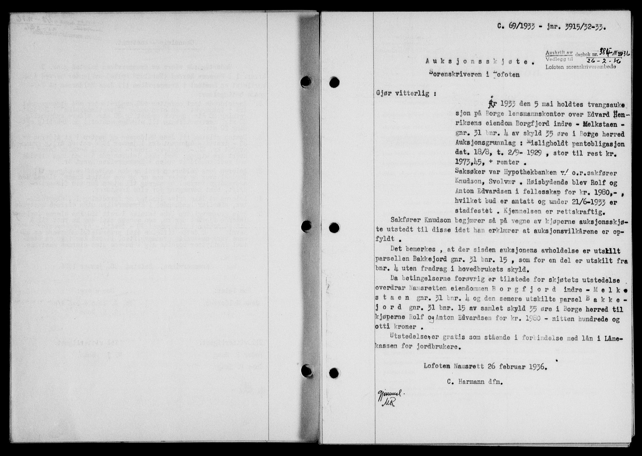 Lofoten sorenskriveri, SAT/A-0017/1/2/2C/L0033b: Pantebok nr. 33b, 1936-1936, Dagboknr: 384/1936