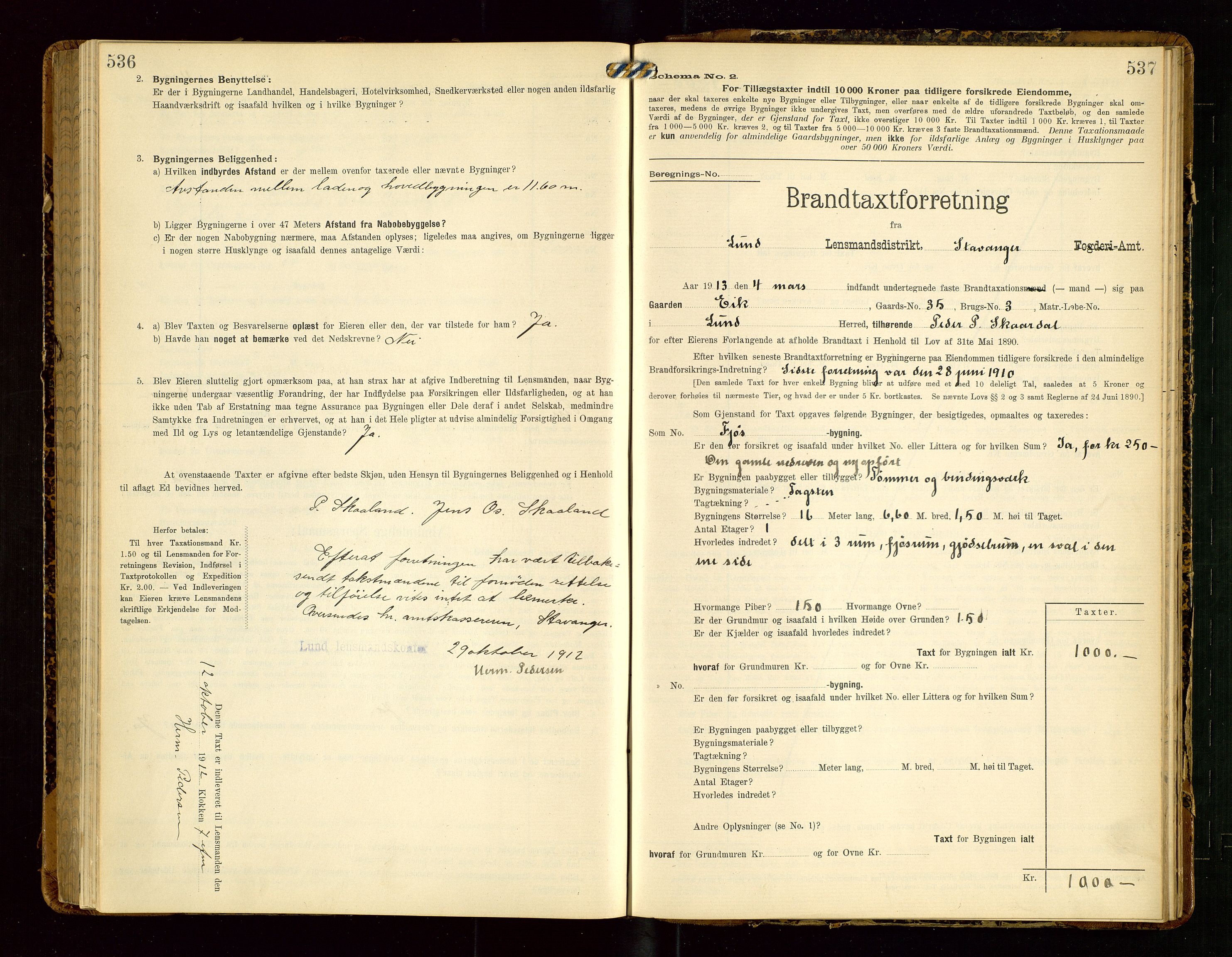 Lund lensmannskontor, SAST/A-100303/Gob/L0002: "Brandtakstprotokol", 1908-1918, s. 536-537