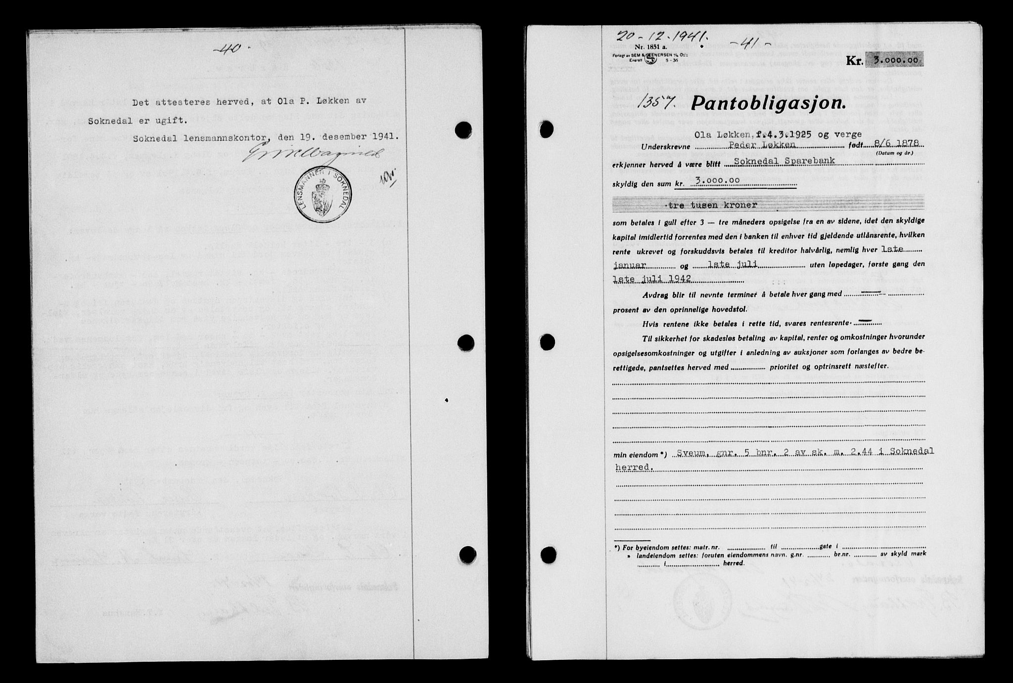 Gauldal sorenskriveri, SAT/A-0014/1/2/2C/L0054: Pantebok nr. 59, 1941-1942, Dagboknr: 1357/1941