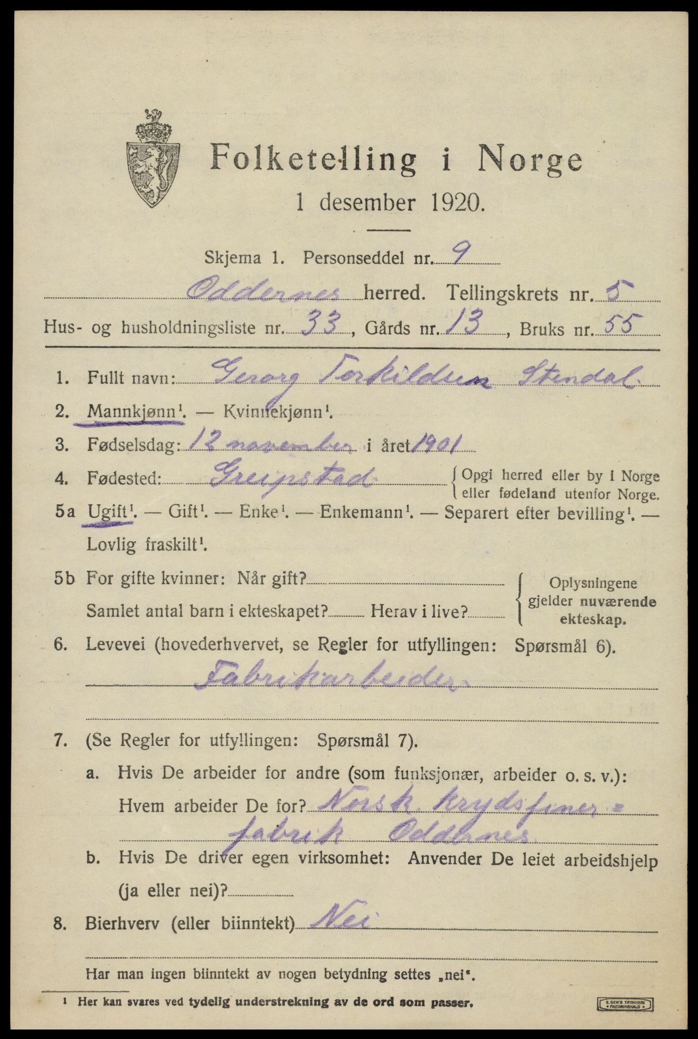 SAK, Folketelling 1920 for 1012 Oddernes herred, 1920, s. 4661