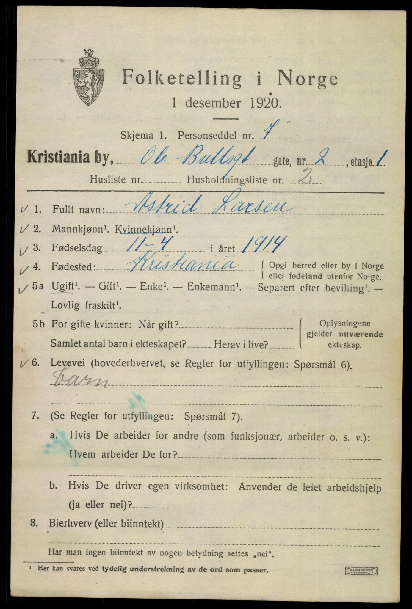 SAO, Folketelling 1920 for 0301 Kristiania kjøpstad, 1920, s. 432895