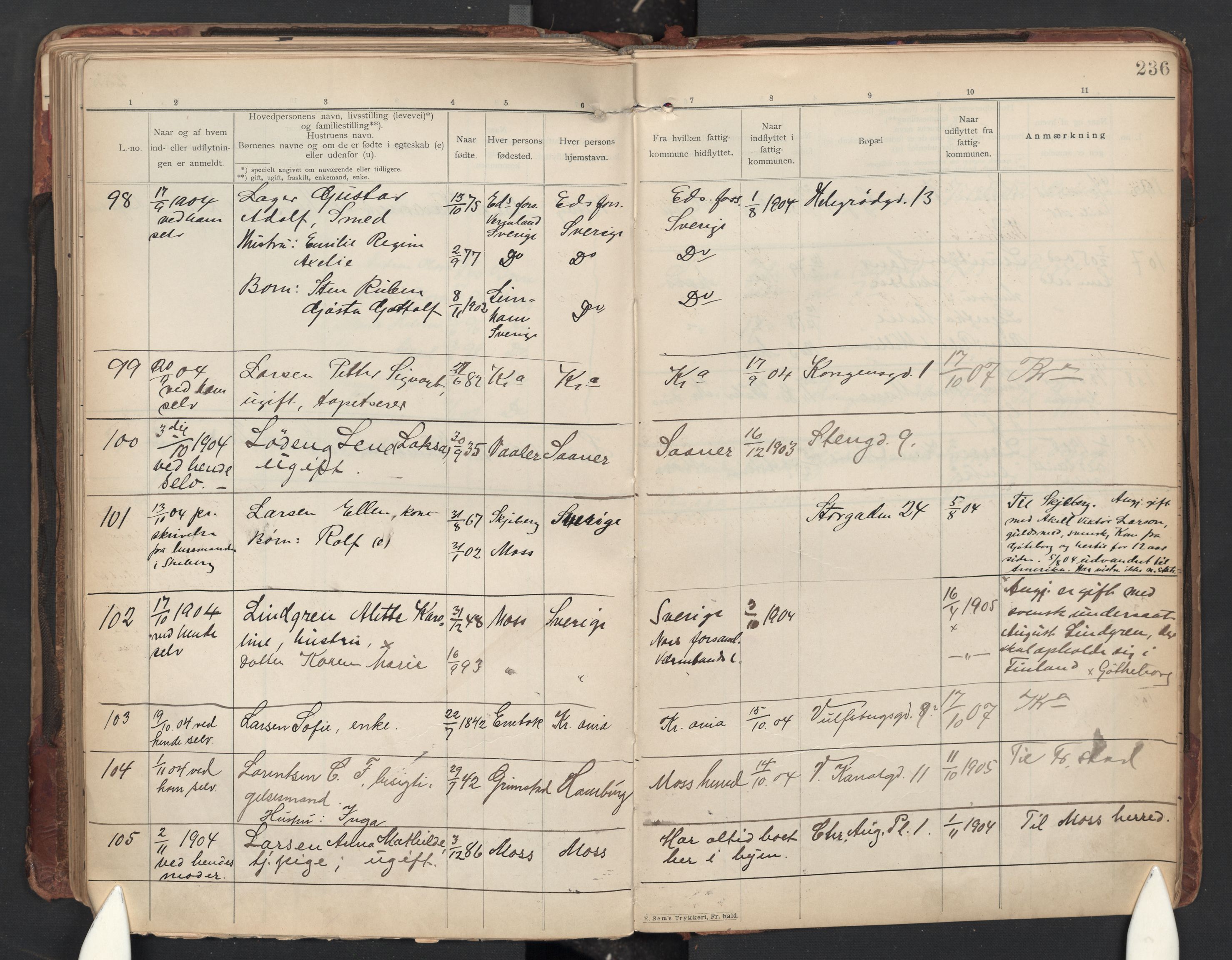 Moss folkeregister, AV/SAO-A-10020/J/L0001: Inn- og utflyttede i Moss fattigkommune, 1901-1905, s. 236