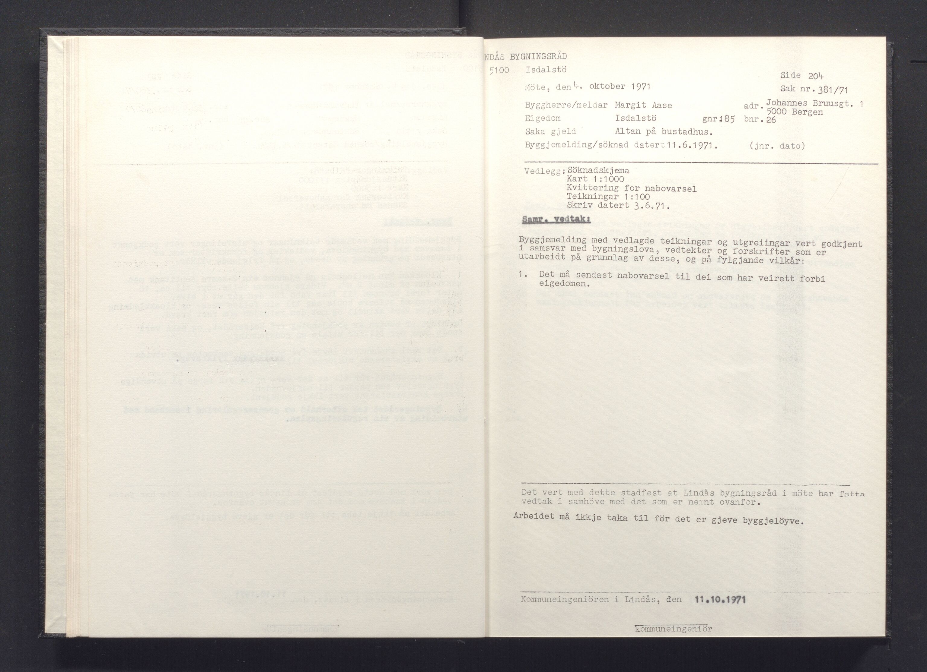 Lindås kommune. Bygningsrådet, IKAH/1263-511/A/Aa/L0008: Møtebok for Lindås bygningsråd, 1971