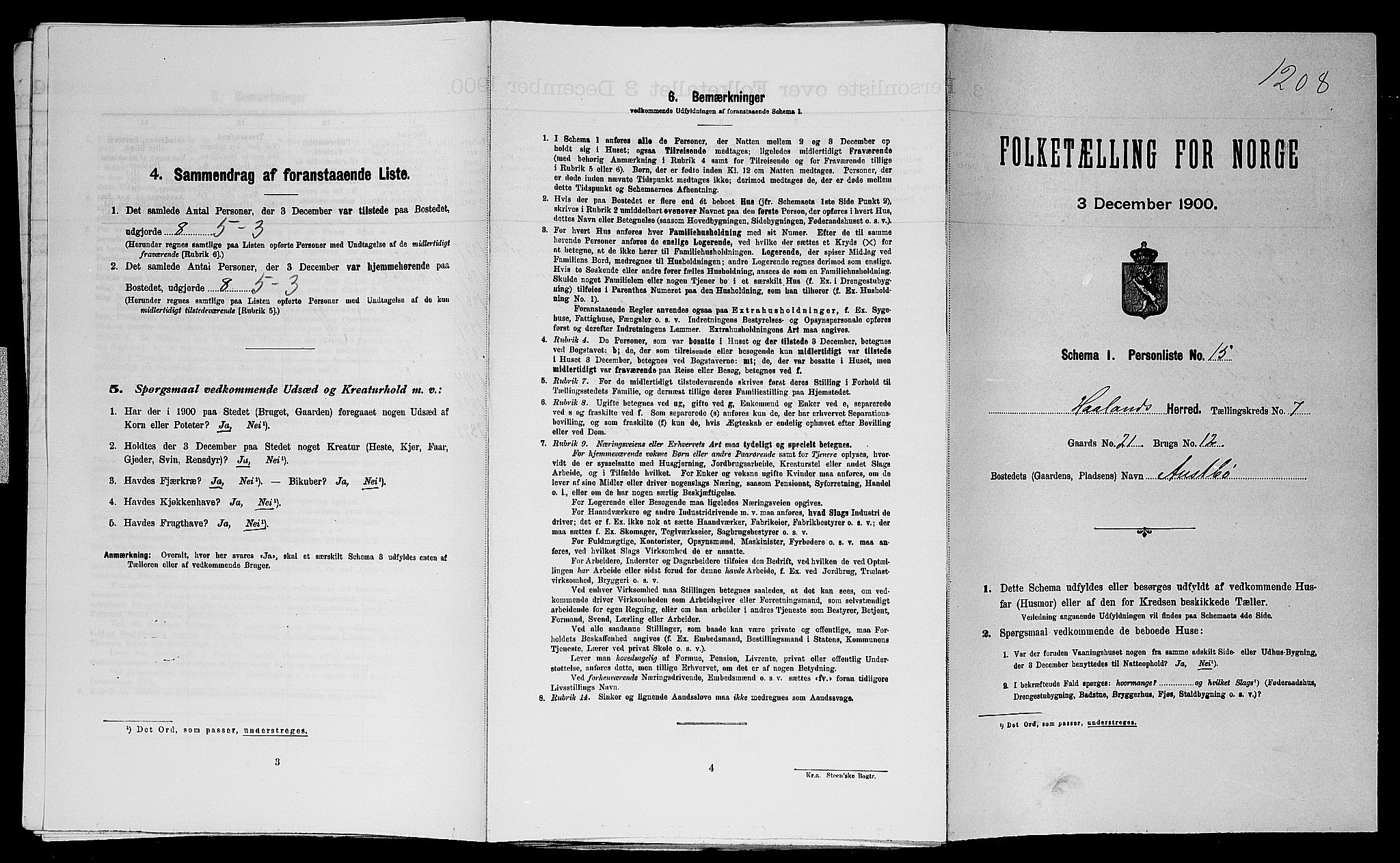 SAST, Folketelling 1900 for 1124 Haaland herred, 1900, s. 1085