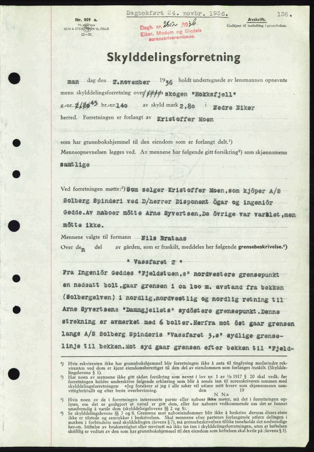 Eiker, Modum og Sigdal sorenskriveri, SAKO/A-123/G/Ga/Gab/L0034: Pantebok nr. A4, 1936-1937, Dagboknr: 2802/1936