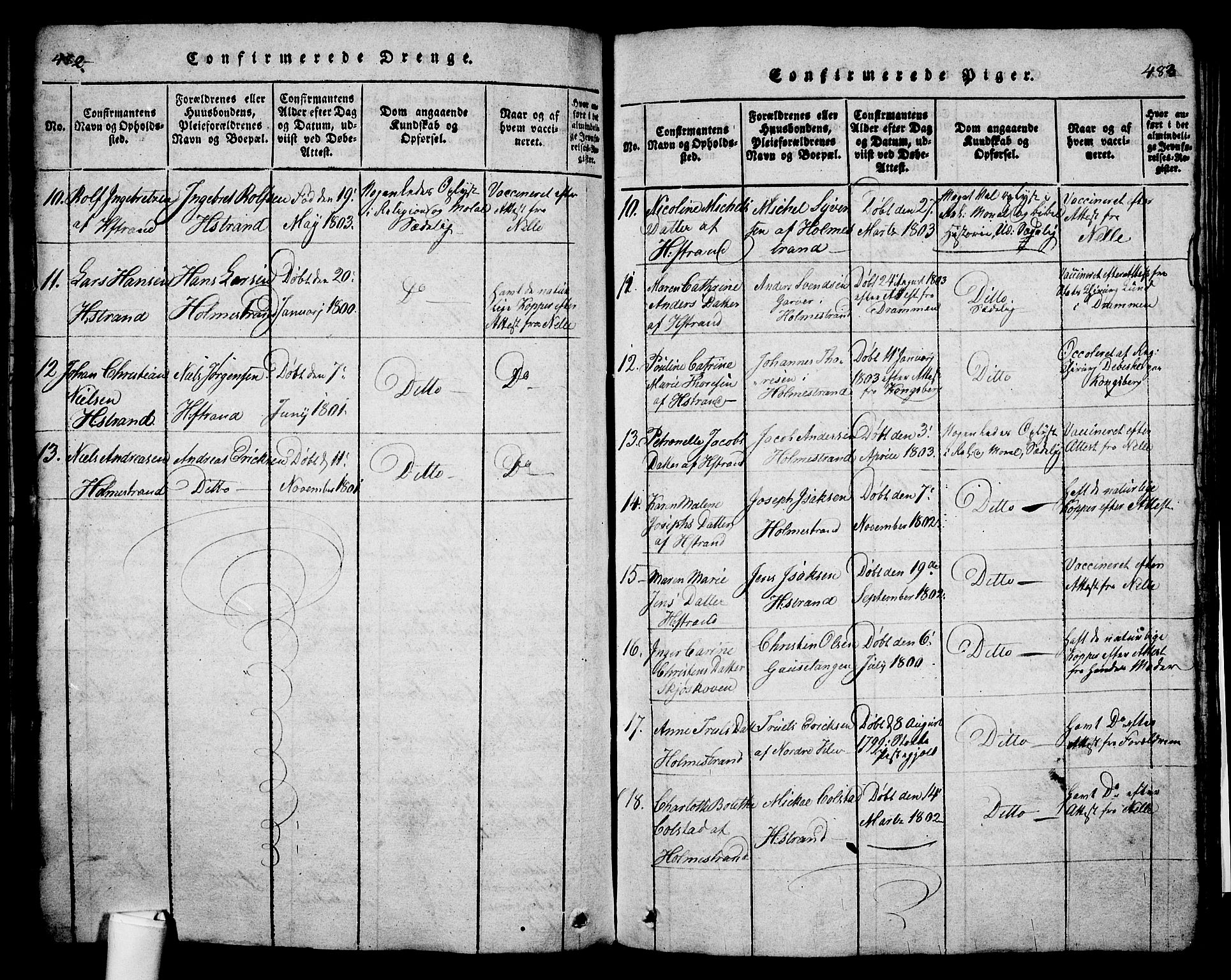Holmestrand kirkebøker, AV/SAKO-A-346/G/Ga/L0001: Klokkerbok nr. 1, 1814-1848, s. 482-483