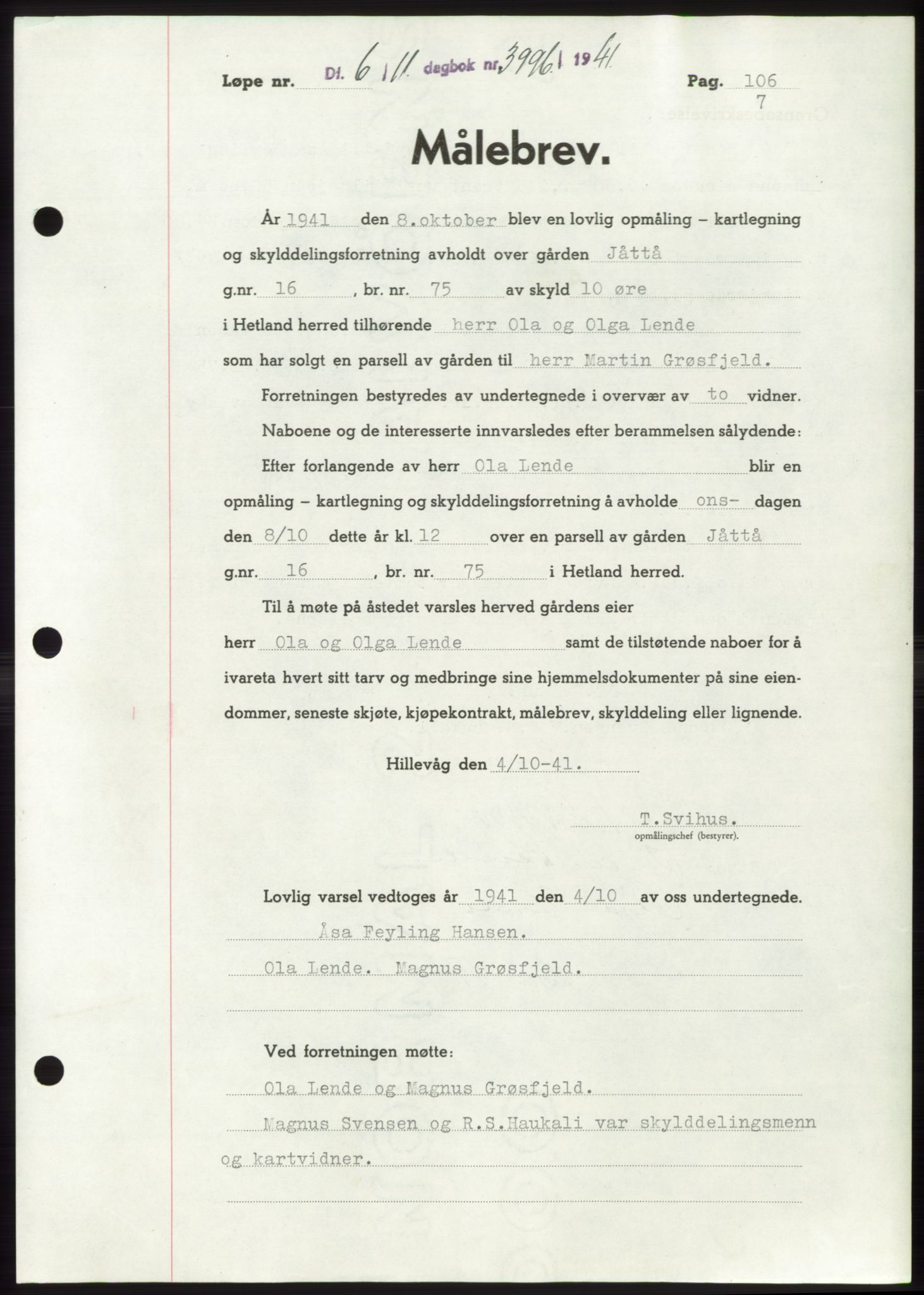 Jæren sorenskriveri, SAST/A-100310/03/G/Gba/L0081: Pantebok, 1941-1941, Dagboknr: 3996/1941