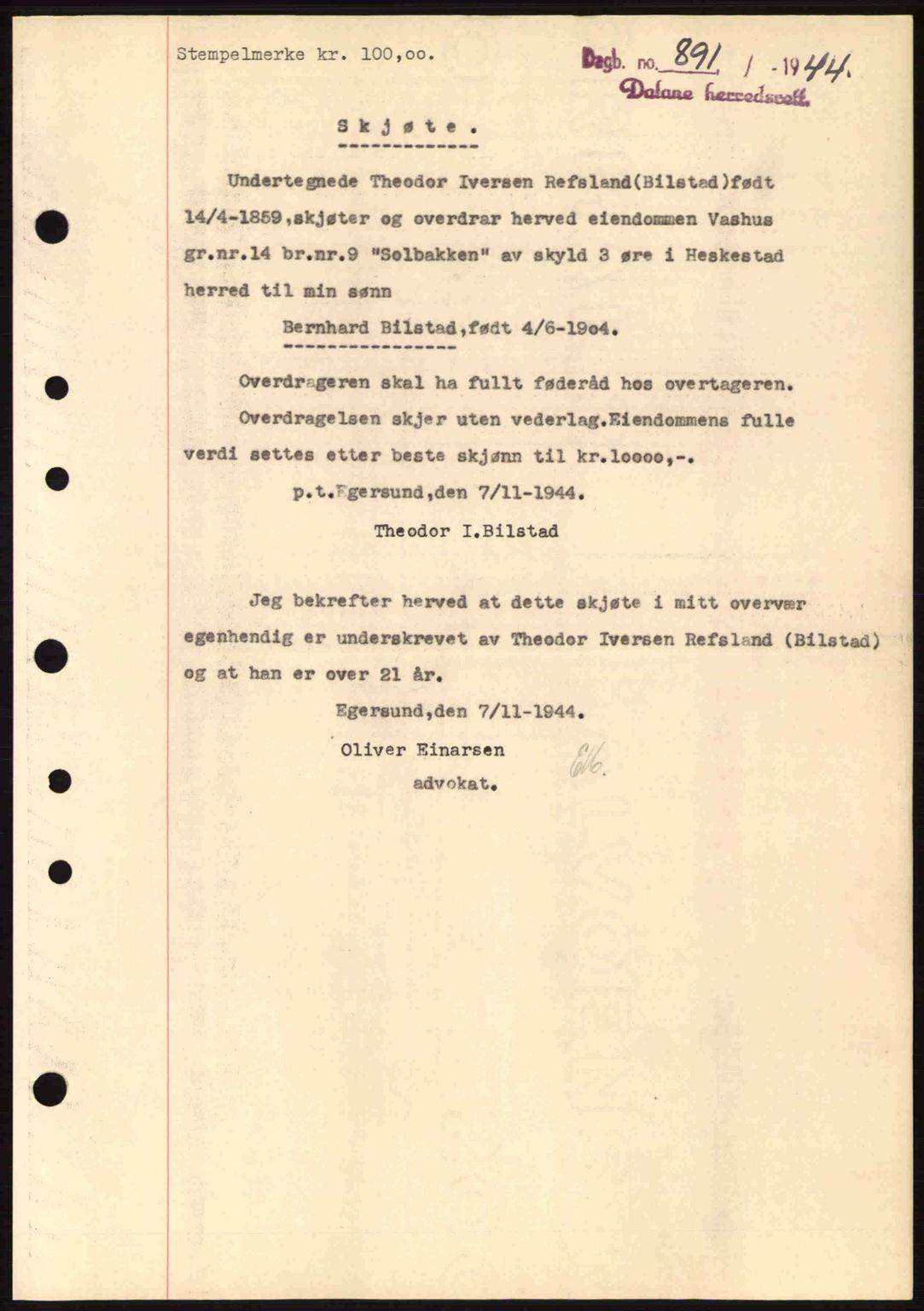 Dalane sorenskriveri, SAST/A-100309/02/G/Gb/L0047: Pantebok nr. A8 I, 1944-1945, Dagboknr: 891/1944