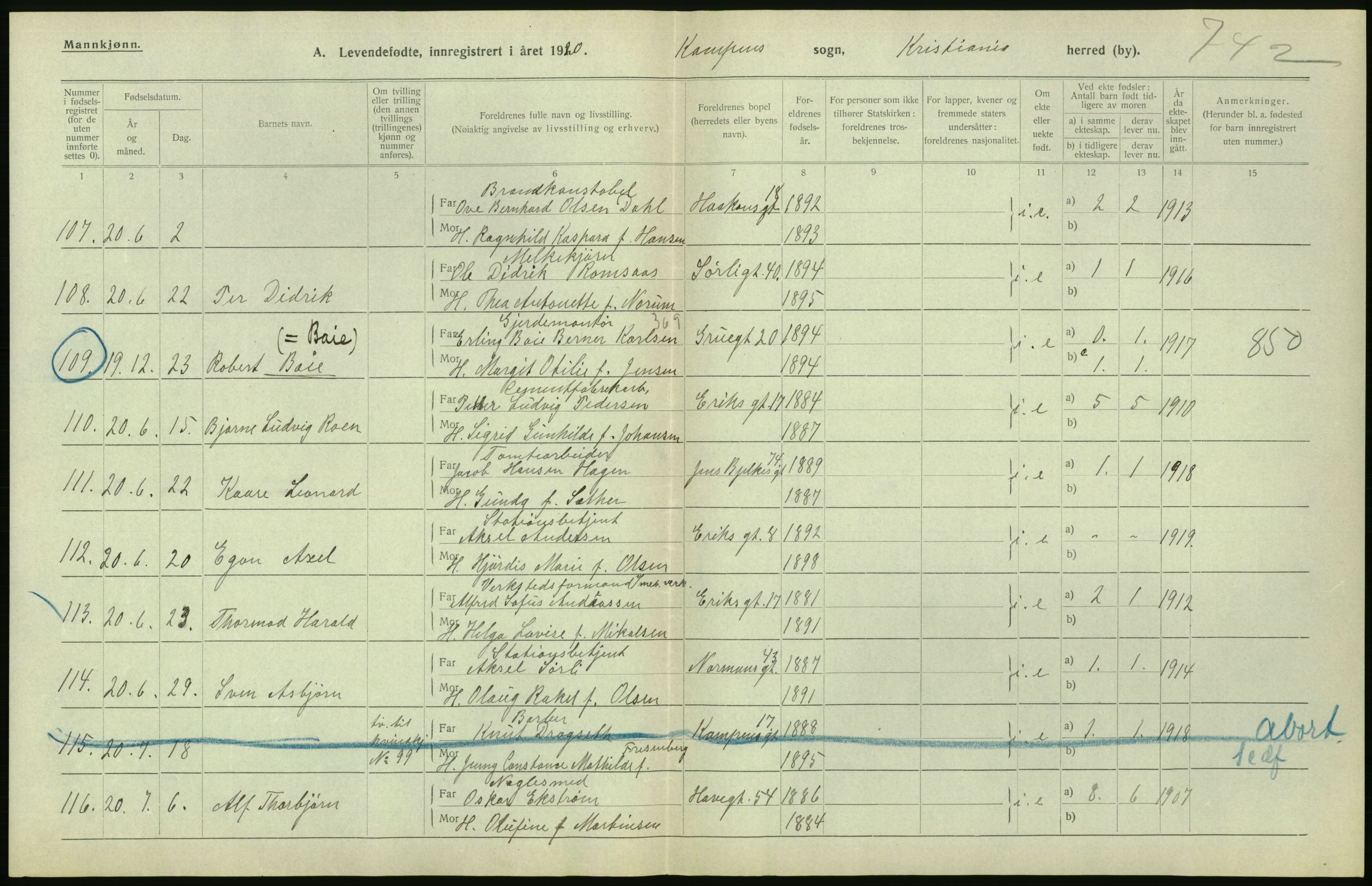 Statistisk sentralbyrå, Sosiodemografiske emner, Befolkning, AV/RA-S-2228/D/Df/Dfb/Dfbj/L0008: Kristiania: Levendefødte menn og kvinner., 1920, s. 210