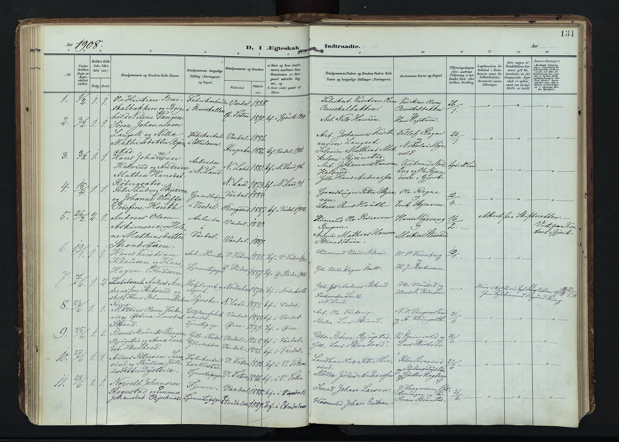 Vardal prestekontor, AV/SAH-PREST-100/H/Ha/Haa/L0020: Ministerialbok nr. 20, 1907-1921, s. 131