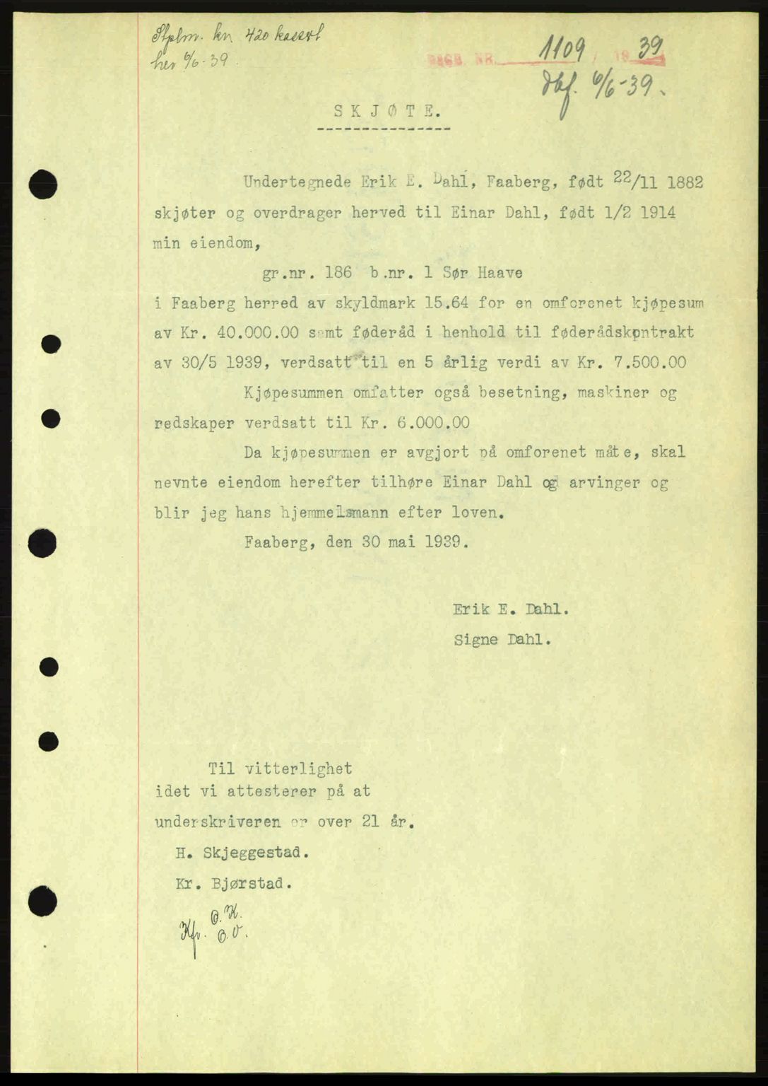 Sør-Gudbrandsdal tingrett, SAH/TING-004/H/Hb/Hbd/L0006: Pantebok nr. A6, 1939-1939, Dagboknr: 1109/1939