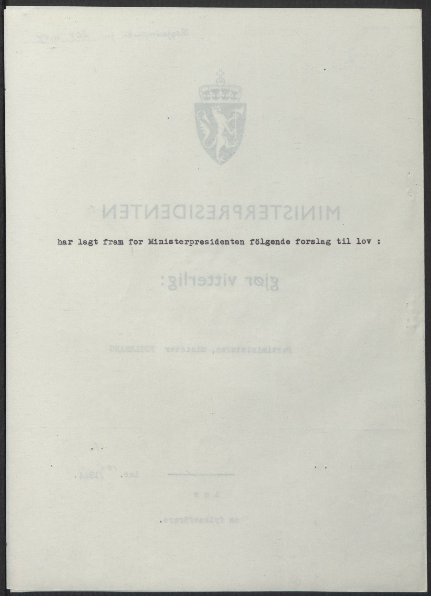 NS-administrasjonen 1940-1945 (Statsrådsekretariatet, de kommisariske statsråder mm), RA/S-4279/D/Db/L0100: Lover, 1944, s. 498