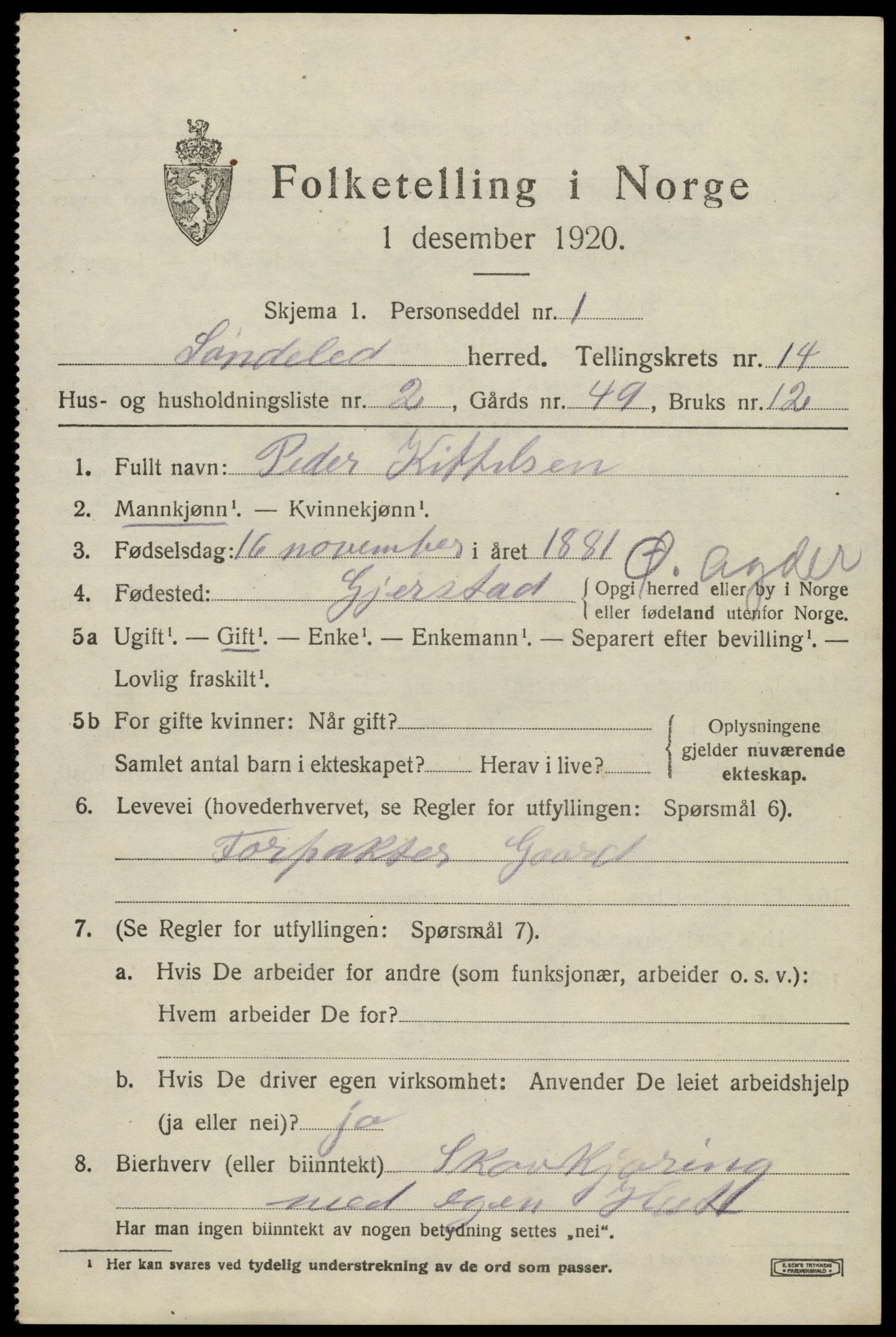 SAK, Folketelling 1920 for 0913 Søndeled herred, 1920, s. 6455