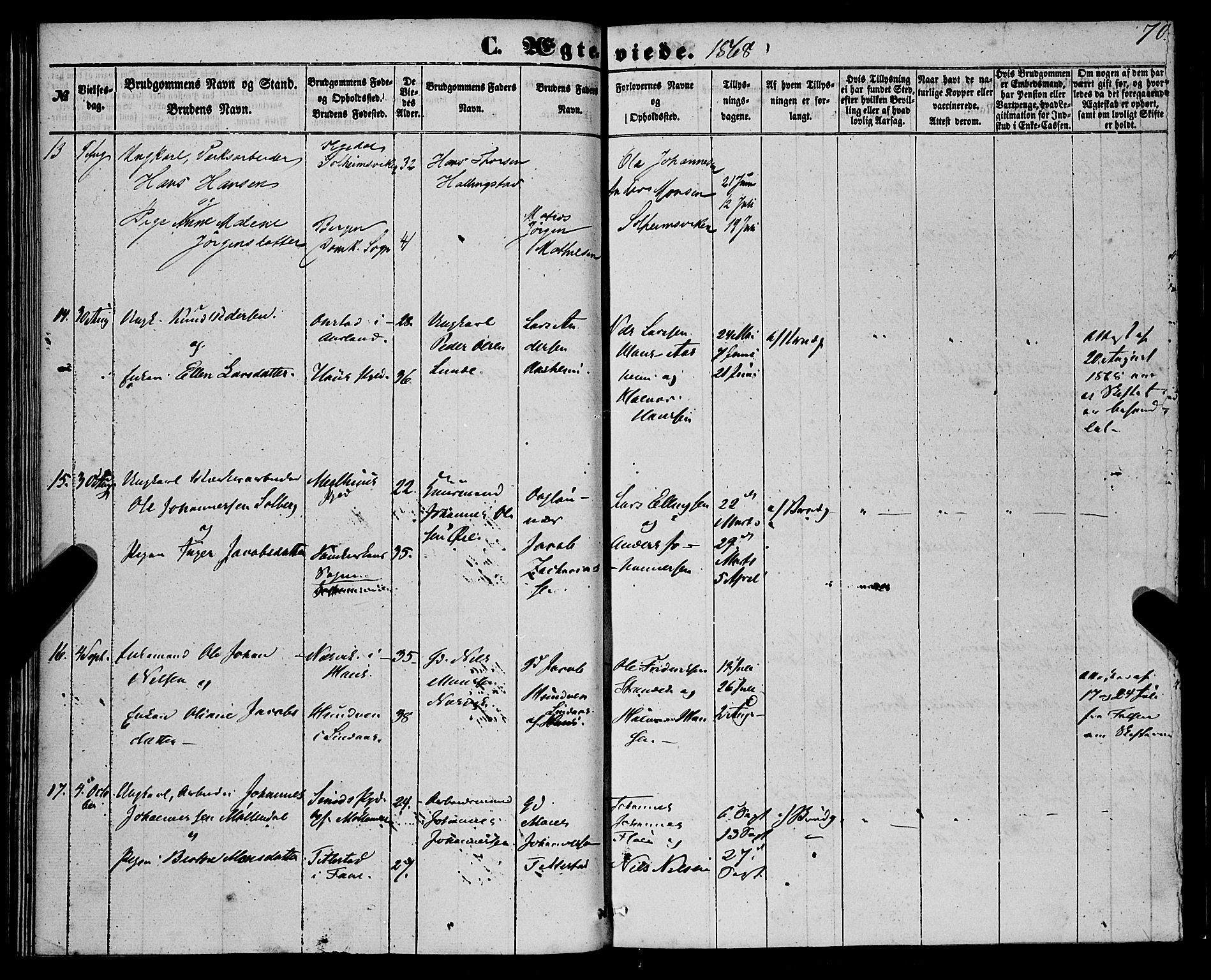 St. Jørgens hospital og Årstad sokneprestembete, AV/SAB-A-99934: Ministerialbok nr. A 9, 1853-1878, s. 70