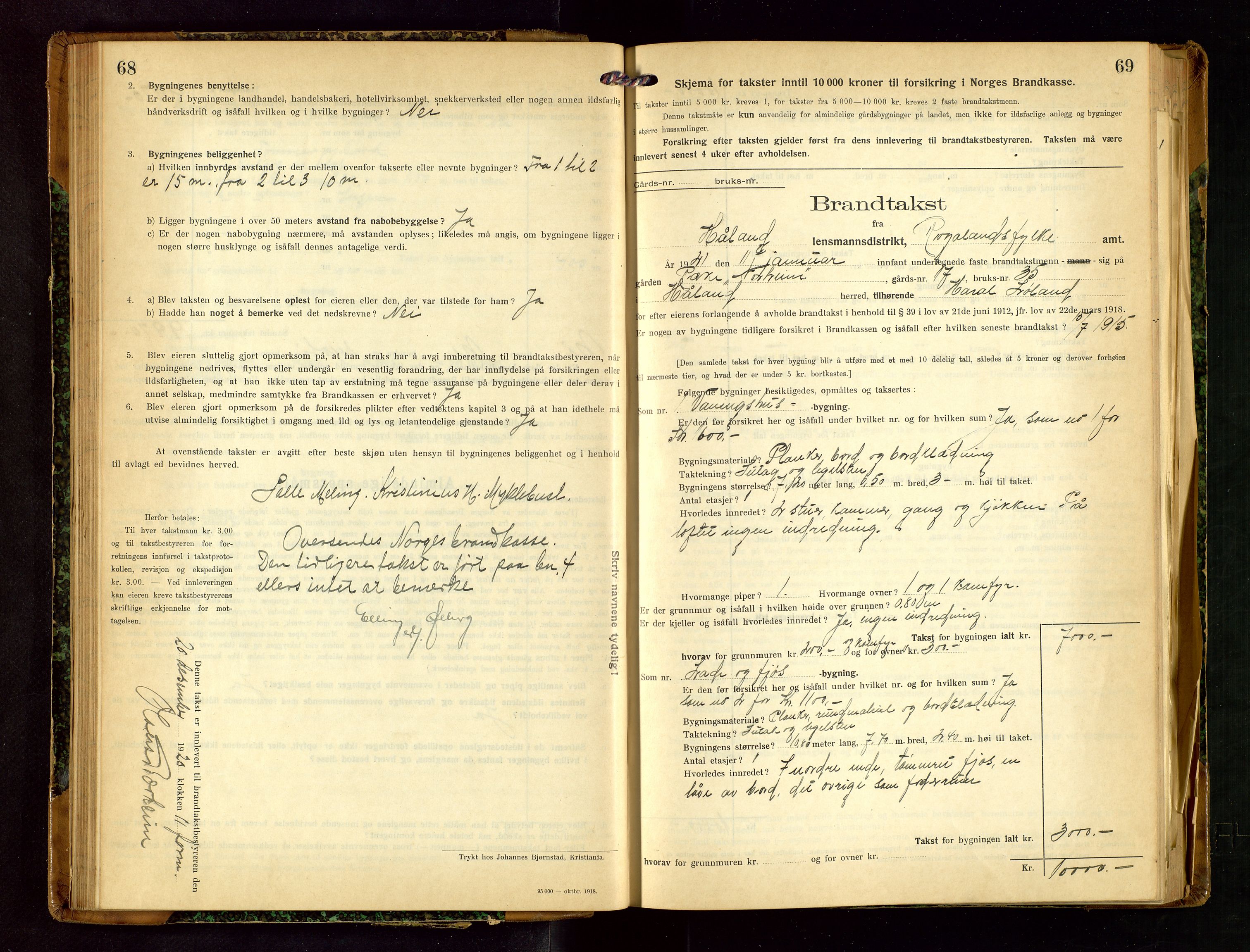 Håland lensmannskontor, AV/SAST-A-100100/Gob/L0007: Branntakstprotokoll - skjematakst. Register i boken., 1920-1925, s. 68-69