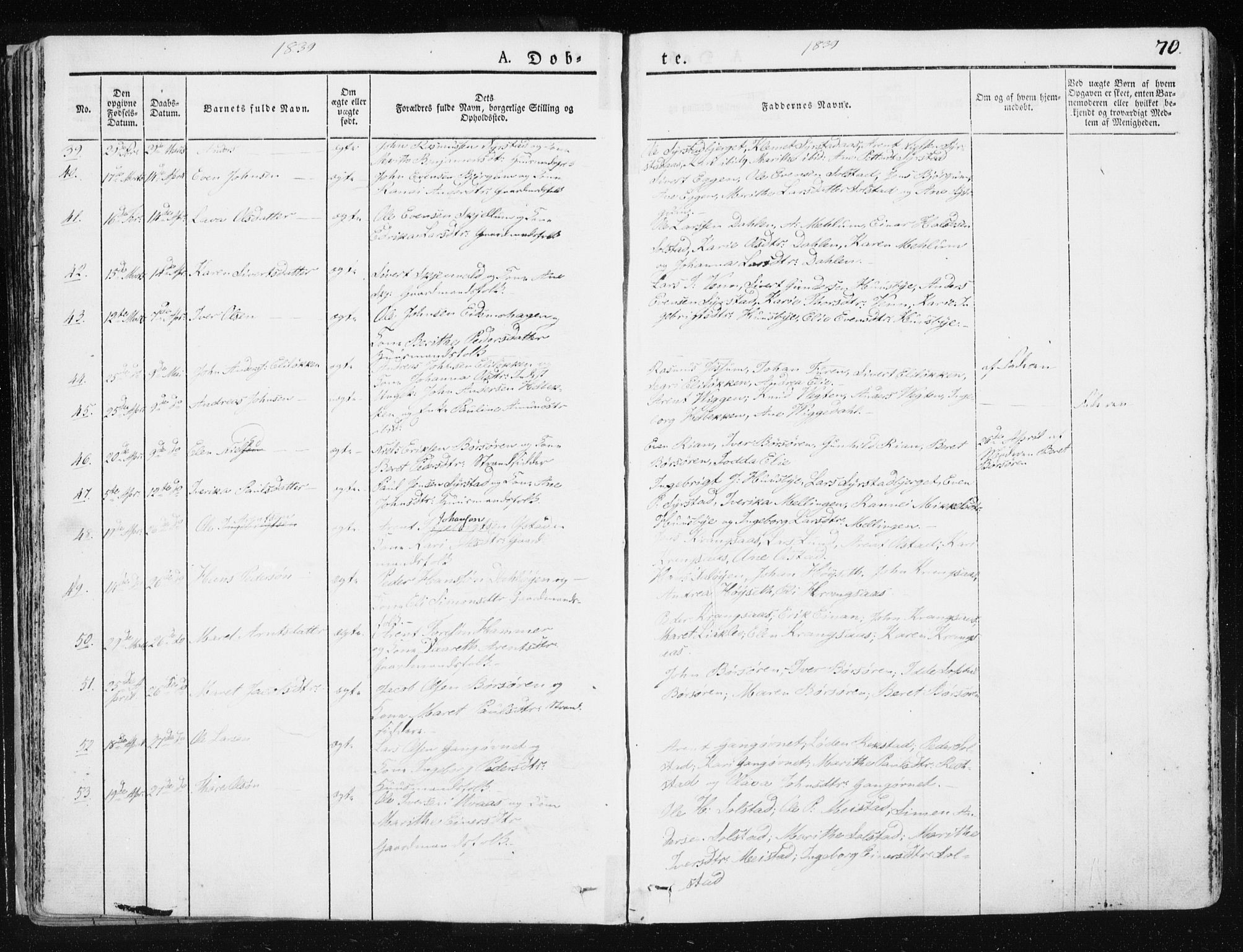 Ministerialprotokoller, klokkerbøker og fødselsregistre - Sør-Trøndelag, SAT/A-1456/665/L0771: Ministerialbok nr. 665A06, 1830-1856, s. 70