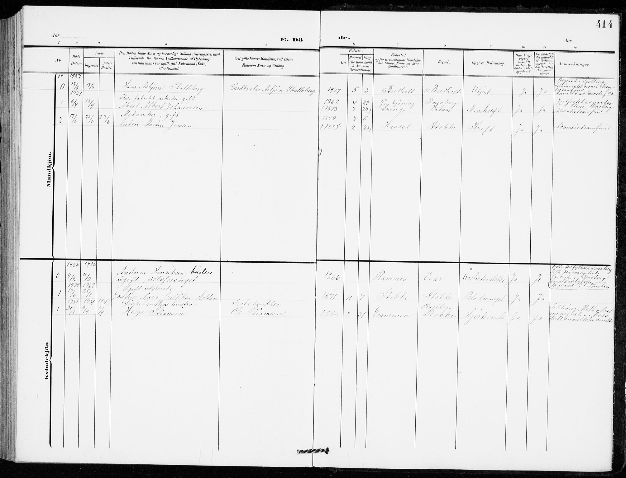 Stokke kirkebøker, SAKO/A-320/G/Ga/L0001: Klokkerbok nr. I 1, 1904-1940, s. 414